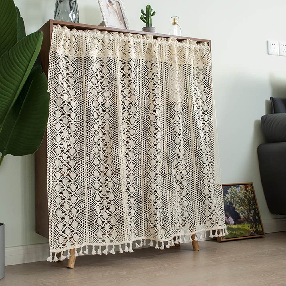 Nordic Style Short Crochet Kitchen Curtains - Beige Lace Valance with Tassel Trim for Windows (W200cm x H120cm) - Perfect for Cafe, Kitchen & Bathroom Decor