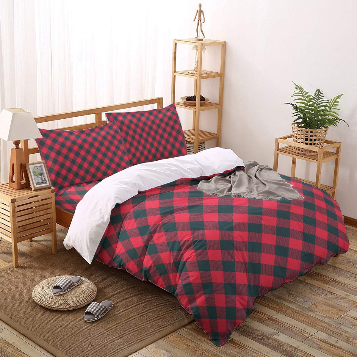 4-Piece Christmas Red Black Buffalo Check Plaid Duvet Cover Set - Soft Skin-Friendly Bedding with Fitted Sheet, Quilt Cover & Pillowcases for Full Size Bed | Cozy Winter Home Decor & Holiday Gift Idea