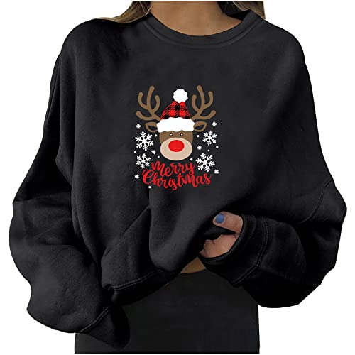 Funny Women's Christmas Shirt - Ugly Oversized Sweatshirt with Cute Elk Print Crewneck Pullover | Holiday Party Outfit, Family Gathering, Christmas Photo Shoot