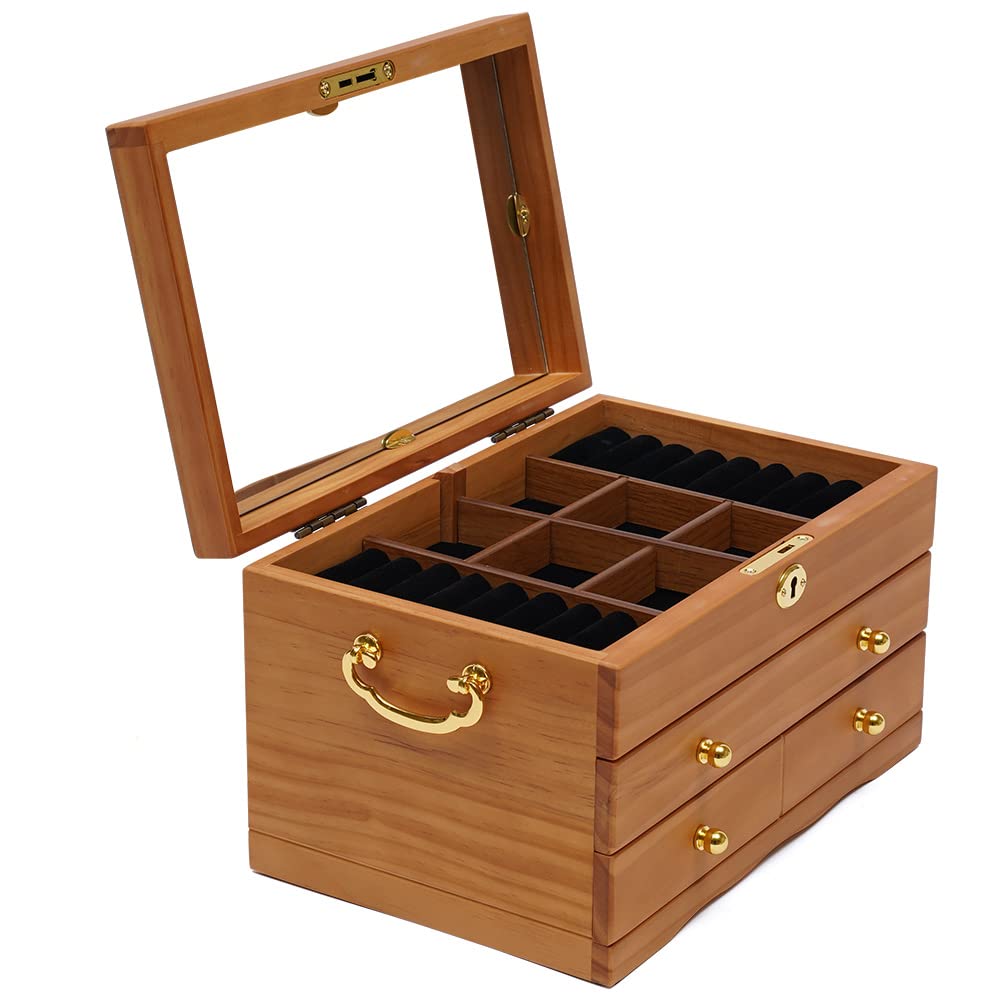 3-Layer Wooden Jewelry Box with Mirror & Lock - Perfect for Rings, Earrings & Necklaces Storage - Great Gift for Christmas