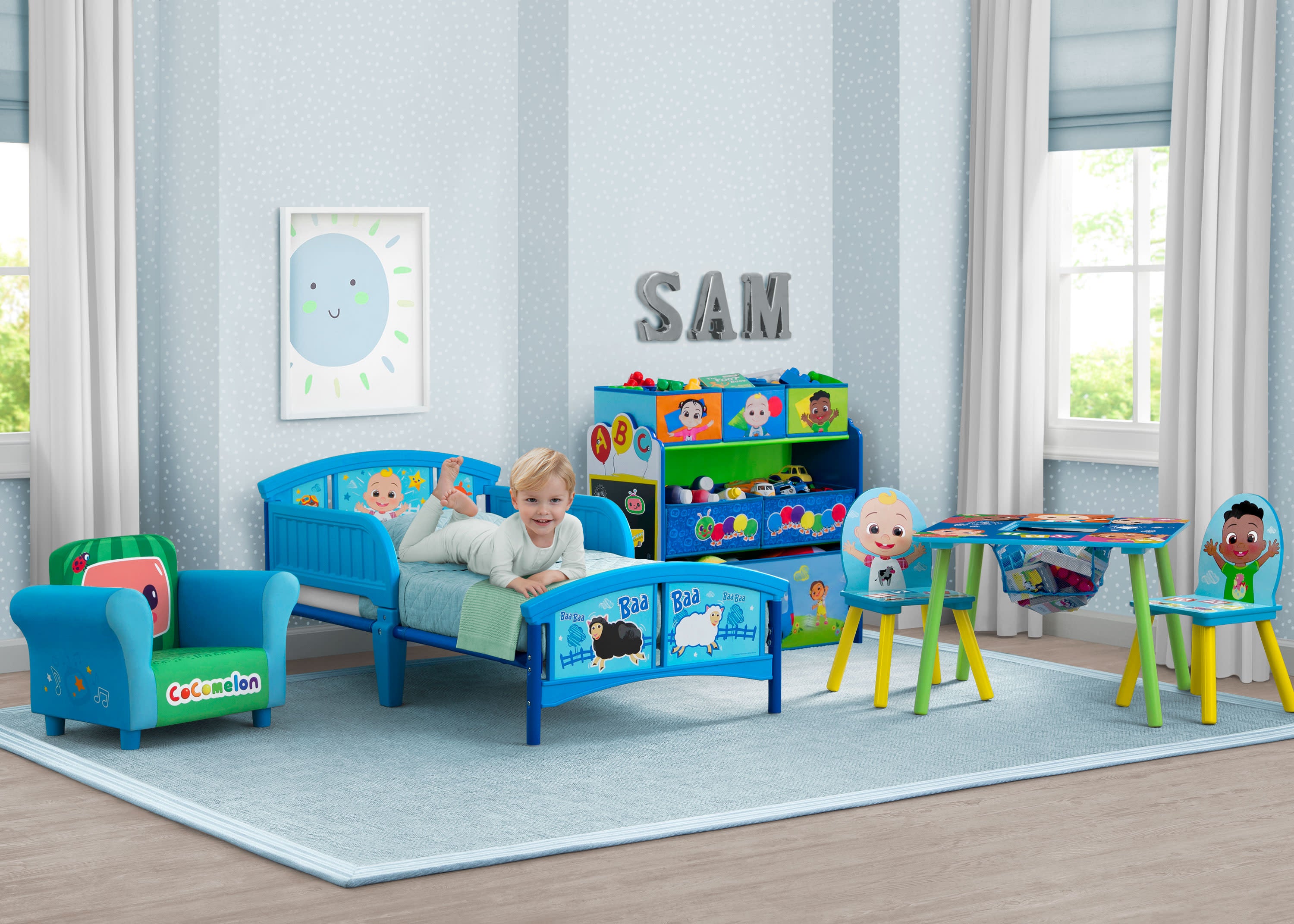 CoComelon Plastic Toddler Bed for Kids - JJ's Fun Themed Toddler Bed with Safety Rails - Perfect for Nursery, Daycare or Kids Bedroom Decor