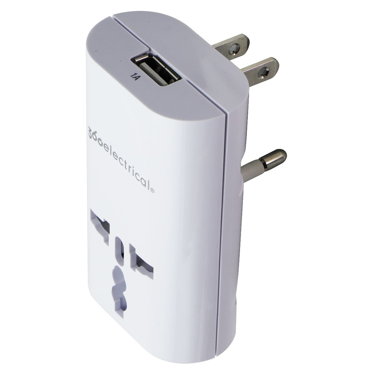 360 Electrical 2 Outlet Adapter with 1A USB Port - Universal Travel Plug for US/China/Israel/UK/EU - Compact White Power Converter for Charging Phones & Devices at Home, Office or Travel