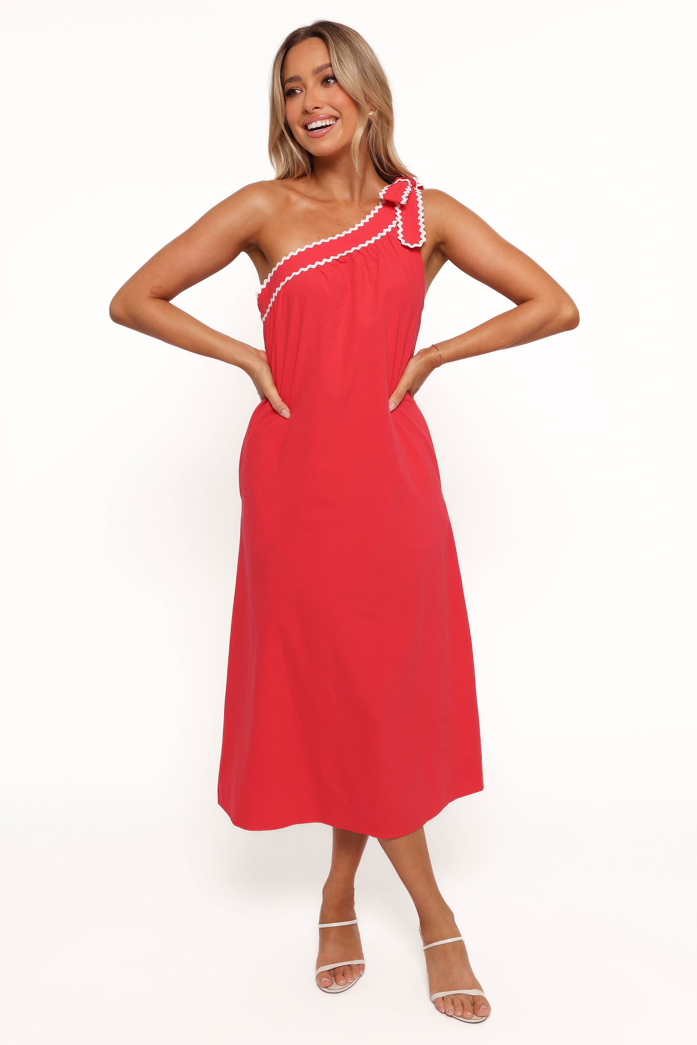 Brynlee One Shoulder Midi Dress for Women - Elegant Red & White Floral Summer Dress for Cocktail Parties, Date Nights & Beach Vacations