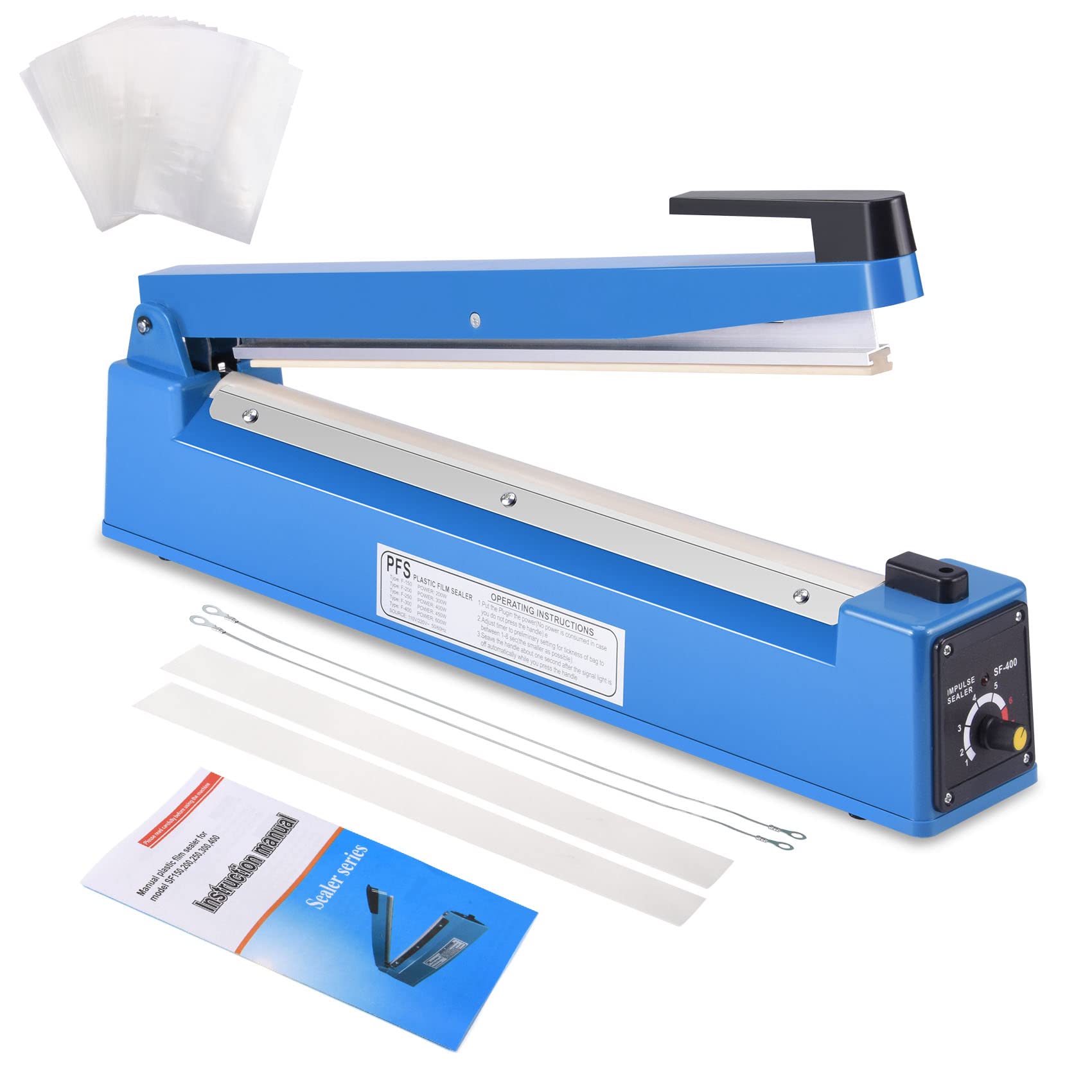 16 Inch Manual Impulse Bag Sealer with Adjustable Timer - Heat Sealing Machine for Poly Bags | Includes 50Pcs 4x6 Inch Shrink Wrap Bags & 2 Free Replacement Kits | Perfect for Food Packaging, Retail, and Shipping Protection