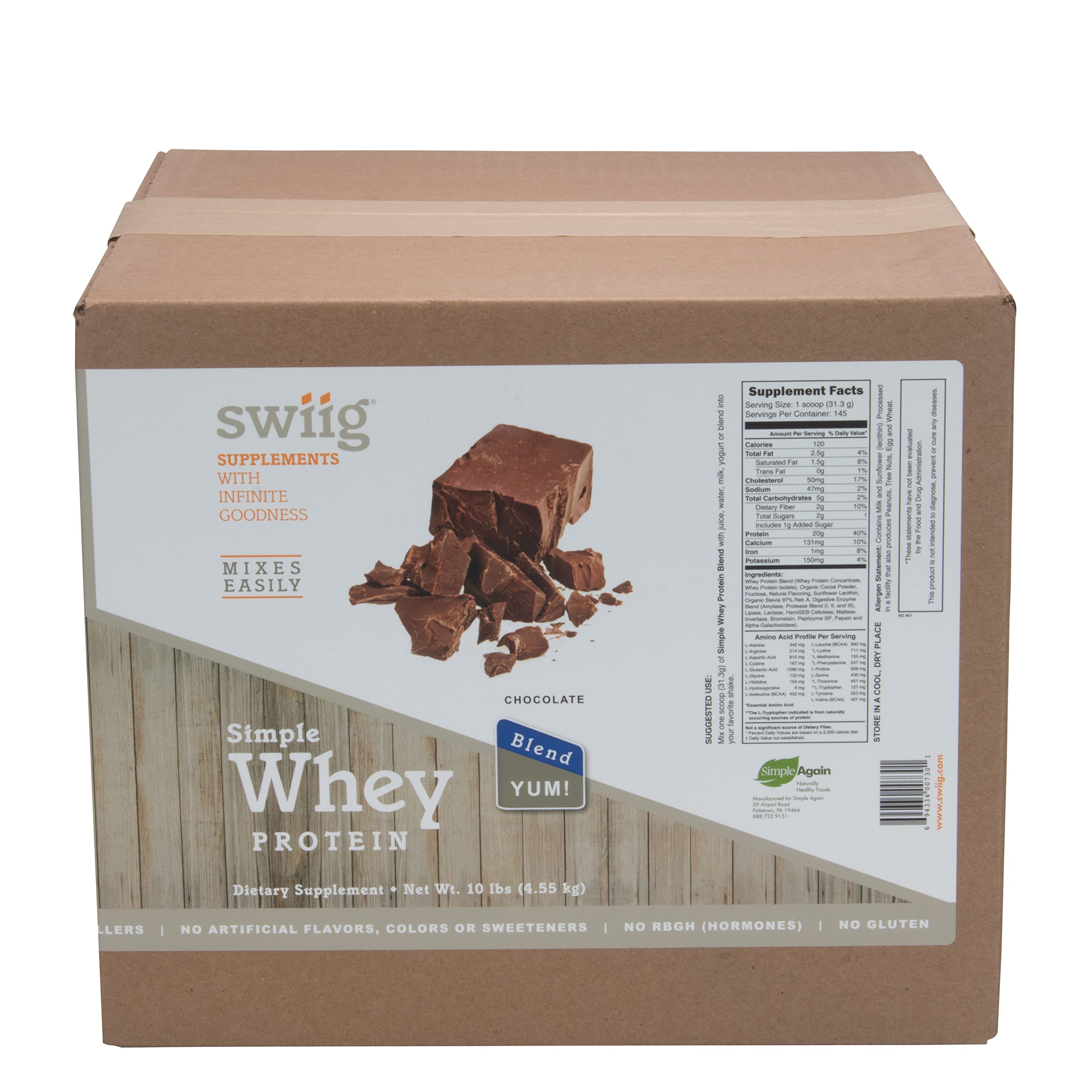 Swiig Simple Whey Blend Protein Powder - No Sugar Added, Chocolate Flavor, No Fillers, Artificial Ingredients or Hormones | Gluten Free, 10 Pound Bulk Size (Bag in Box) for Muscle Recovery, Post Workout & Healthy Lifestyle