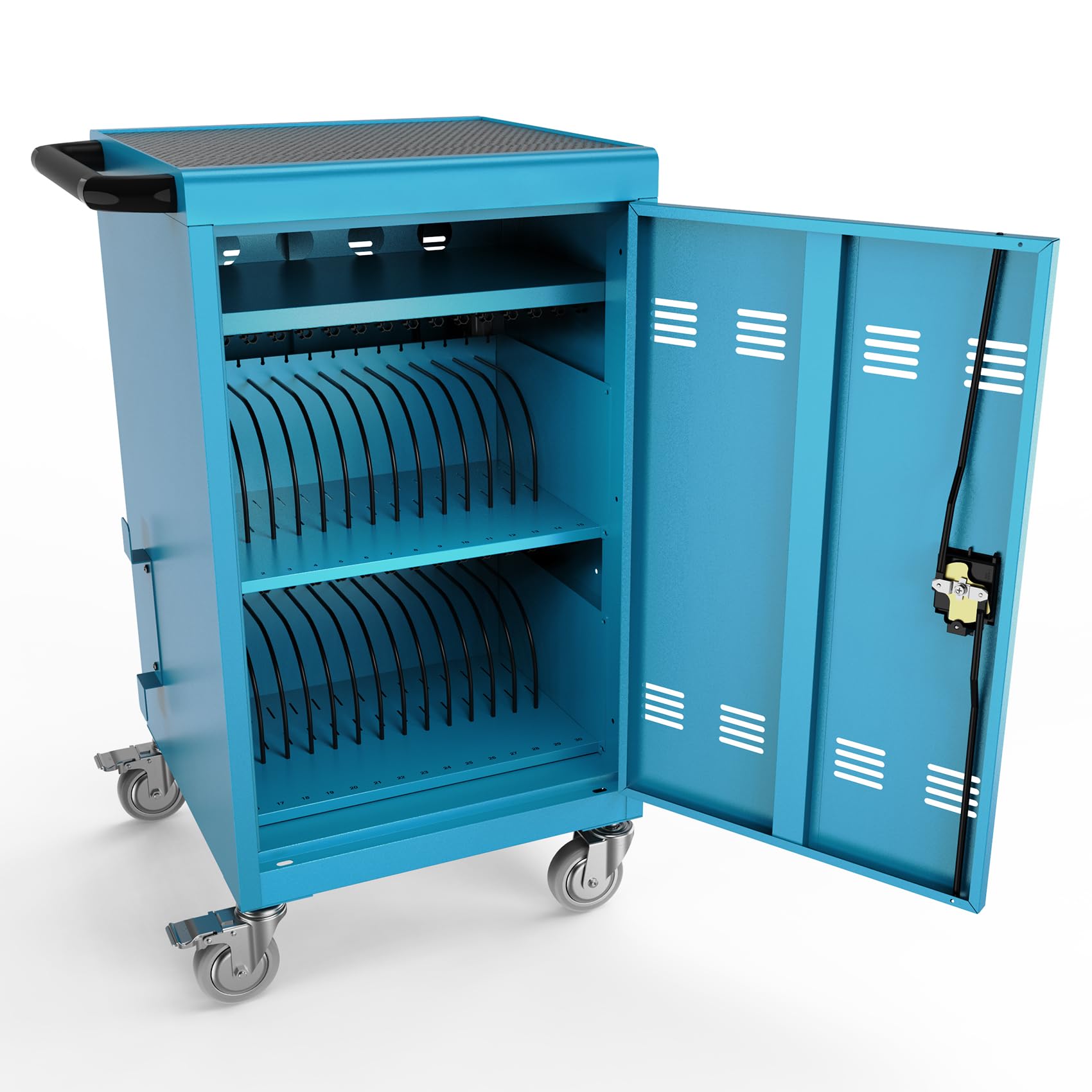 30 Device Mobile Locking Laptop Charging Cart with 16.3-Inch Screen Storage | Rolling Computer & Tablet Cabinet with Surge Protection | Front & Back Access Security Cabinet for Schools & Offices