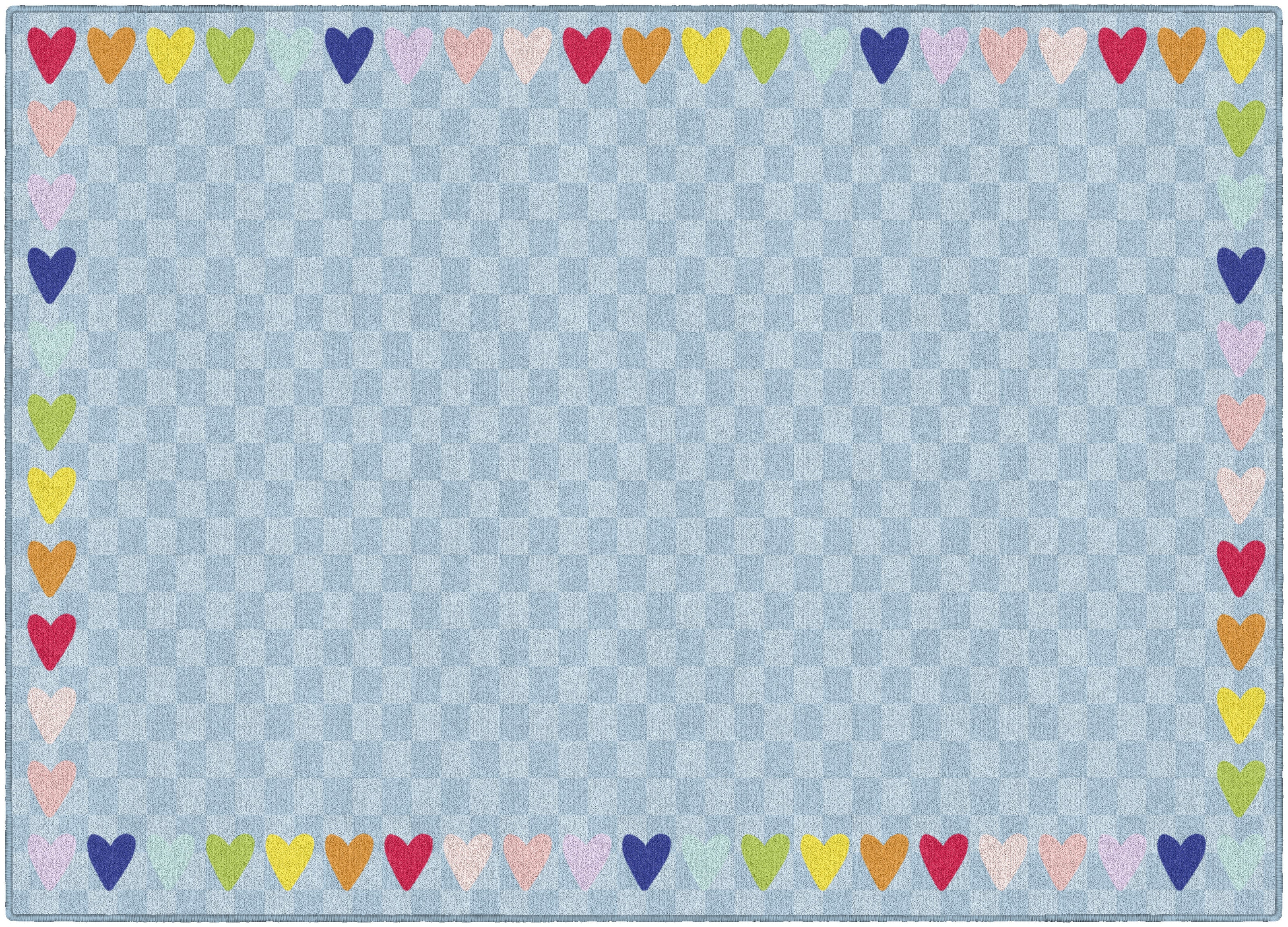 Blue with Rainbow Hearts Border Rug - Soft Playroom & Classroom Mat for Kids - Perfect for Nursery, Daycare, and Home Decor