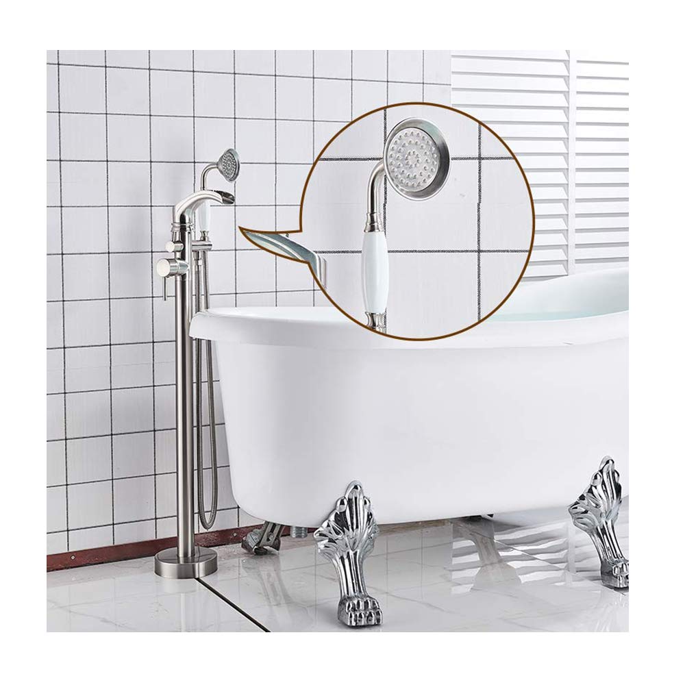 Freestanding Bathtub Faucet Set - Brass Waterfall Tub Filler with Single Handle Floor Mount & Handheld Shower | Brushed Nickel Finish | Hot & Cold Water Mixer Tap for Modern Bathroom & Spa Relaxation