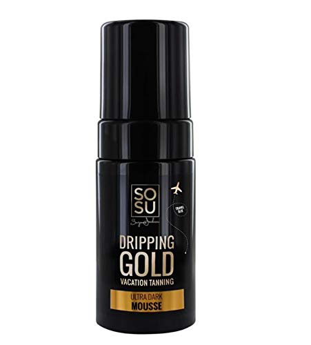 SOSU Dripping Gold Luxury Tanning Mousse - Travel Size with Hyaluronic Acid & Vitamins A & E - Vegan, Cruelty-Free, Paraben-Free - Medium, Dark, Ultra Dark Shades (Ultra Dark) - Perfect for Vacations, Beach Days & Glowing Skin All Year Round