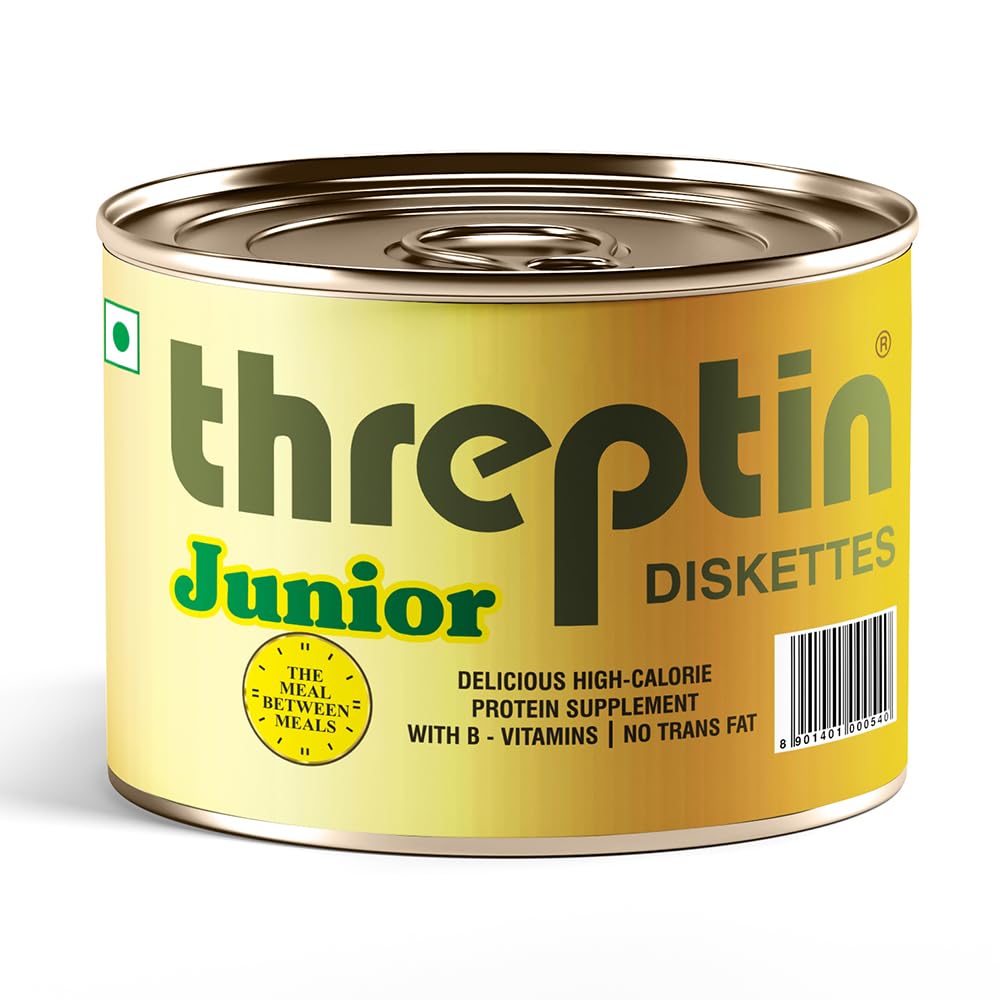 THREPTIN Junior-Protein Diskettes - Healthy Protein Snacks for Kids, 250g | Casein Protein with Calcium, Vitamins, Minerals, Shankhpushpi & Brahmi | No Maida, 100% Vegetarian | Perfect for School Lunch, After-School Snacks & Travel Nutrition