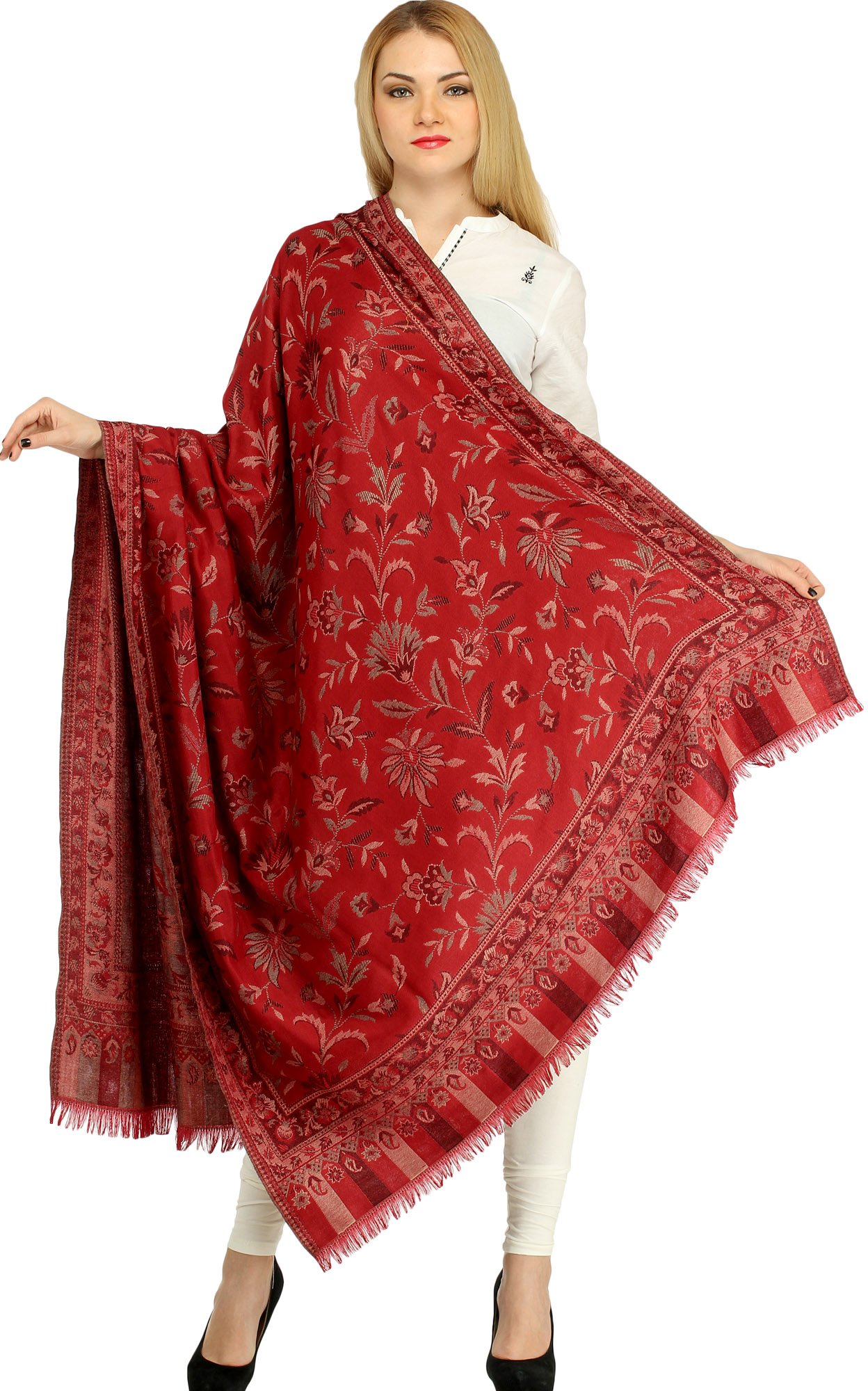 Reversible Jamawar Shawl from Amritsar - Handwoven Wool Scarf with Floral Design for Women, Winter Fashion Accessory, Perfect for Parties, Weddings & Cold Weather