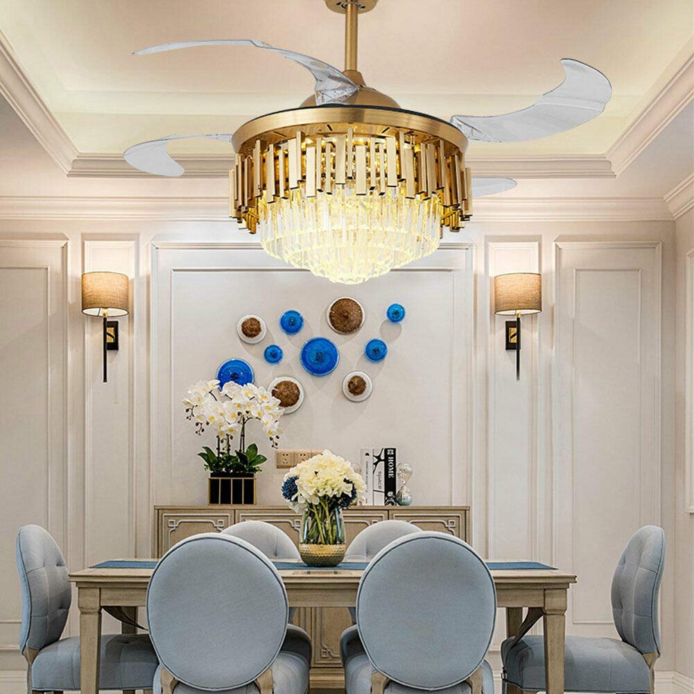 42 Inch Crystal LED Ceiling Fan Chandelier with Remote Control - AC110-120V Modern Invisible Ceiling Fan with Light, Energy Saving & Ultra Quiet - Perfect for Living Room, Bedroom, Dining Room and Office Spaces
