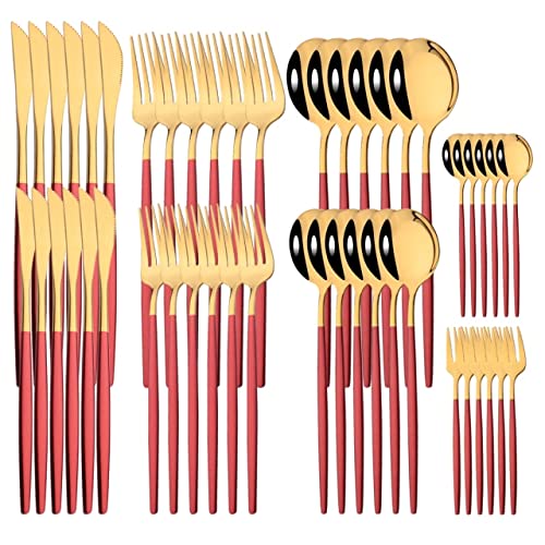 Premium 24/48-Piece Stainless Steel Gold Silverware Set - Elegant Red & Gold Dinner Knives, Forks & Spoons for Fine Dining, Wedding & Holiday Table Settings - Durable Kitchen Cutlery Set for Restaurants & Home Entertaining