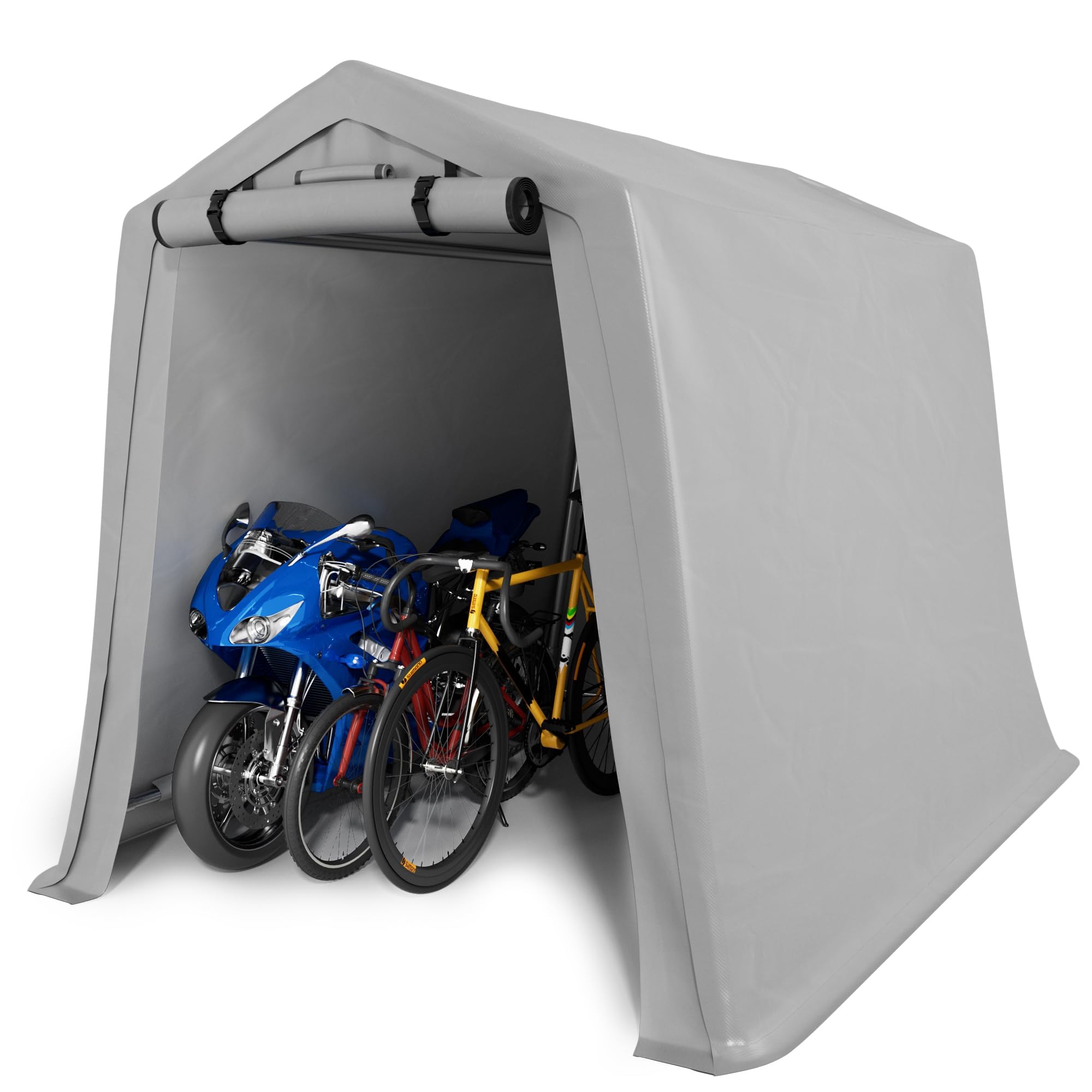Greesum 6x6 ft Heavy Duty Waterproof Outdoor Storage Shed Canopy - Portable Shelter with Roll-up Zipper Door for Bike, Motorcycle, Garden Tools & Equipment - UV Resistant Gray Carport for Patio, Backyard & Camping Use