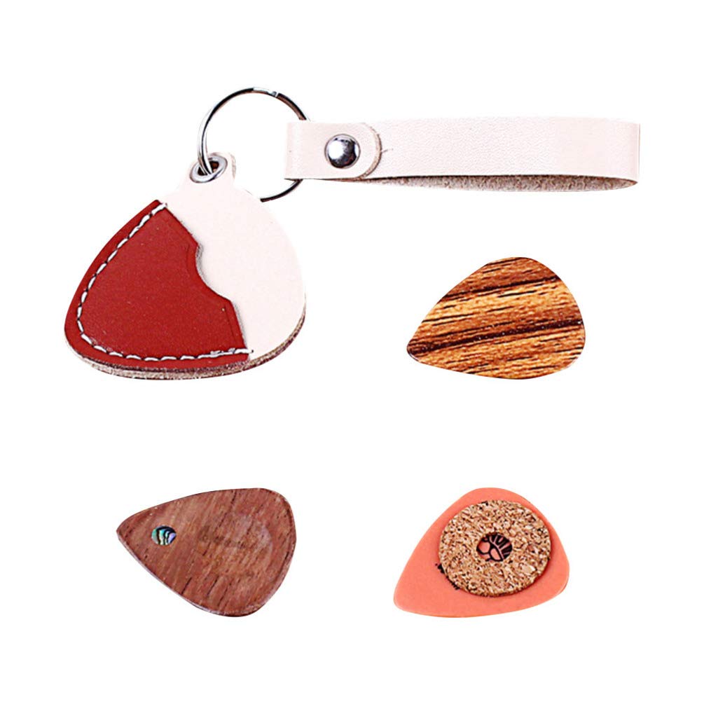 EXCEART 3-Piece Wood & Leather Guitar Picks Set - Smooth Plectrum for Bass, Acoustic & Electric Guitars - Durable Keychain Accessories for Musicians | Perfect for Live Performances, Studio Recording & Travel Use