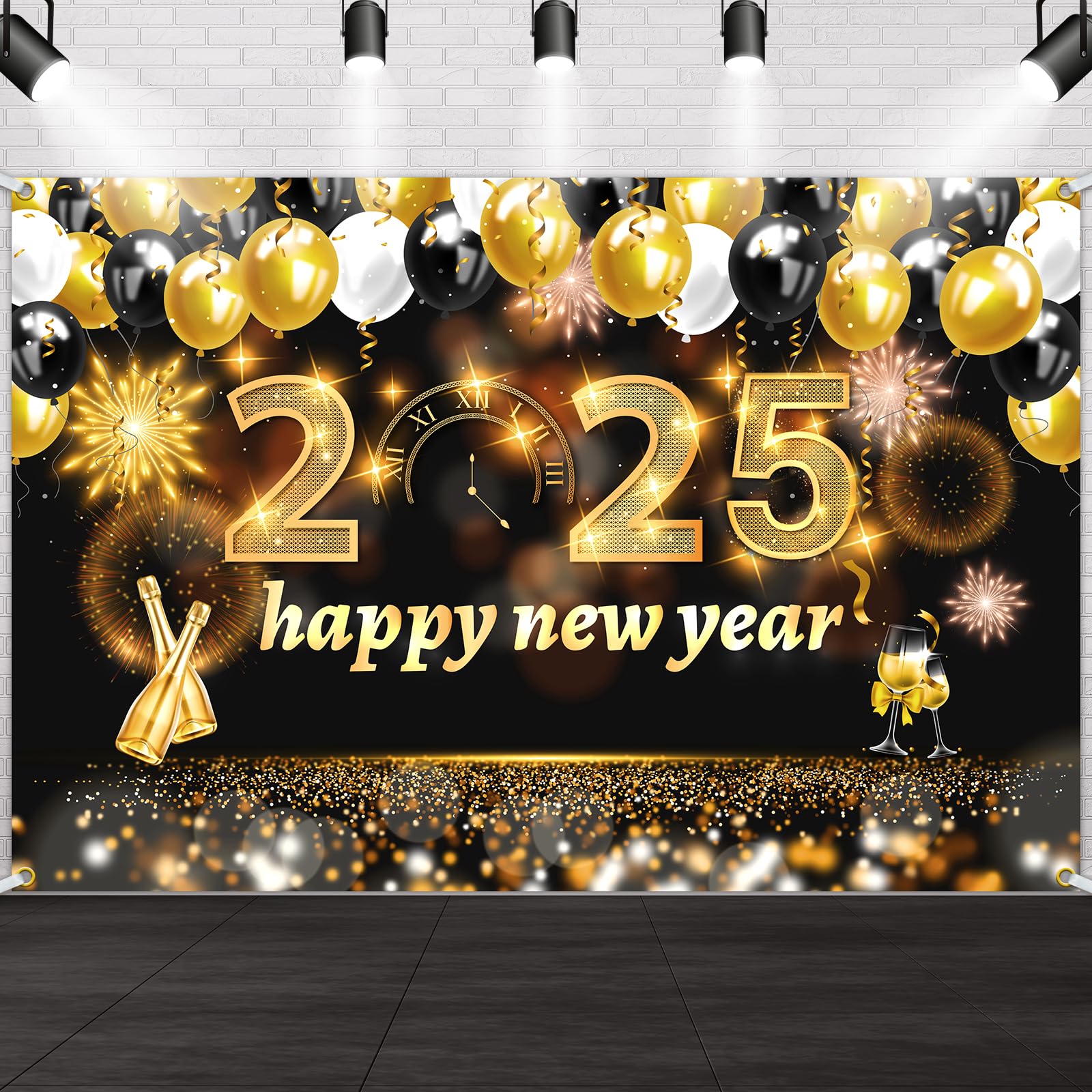 **Large Happy New Year Banner 2025 - Black & Gold NYE Backdrop, 72x48 Inch | New Year's Eve Party Decorations | NYE Wall Decor for Home, Office & Events | Perfect for Countdown Parties & Photo Booths**