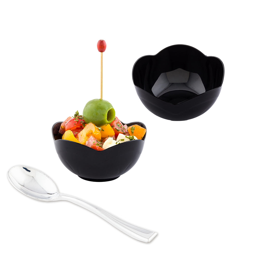 100 Pack 2 oz Round Black Plastic Le Fleur Cups with 100 Silver Mini Spoons - Perfect for Parties, Weddings, and Dessert Serving