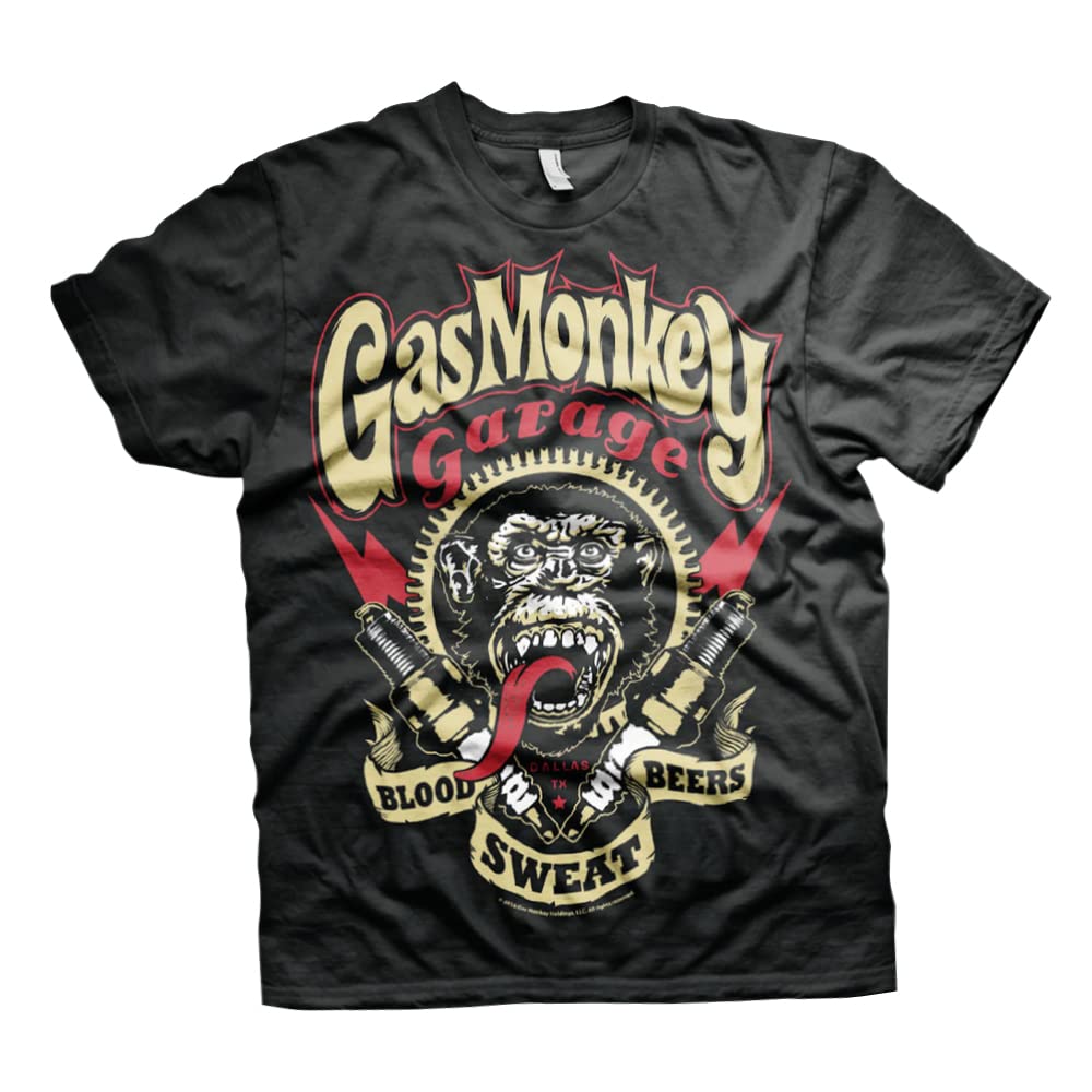 Gas Monkey Garage Officially Licensed Spark Plugs Men's T-Shirt - Black Cotton Tee for Car Enthusiasts & Mechanics - Perfect for Garage Work, Car Shows & Casual Wear