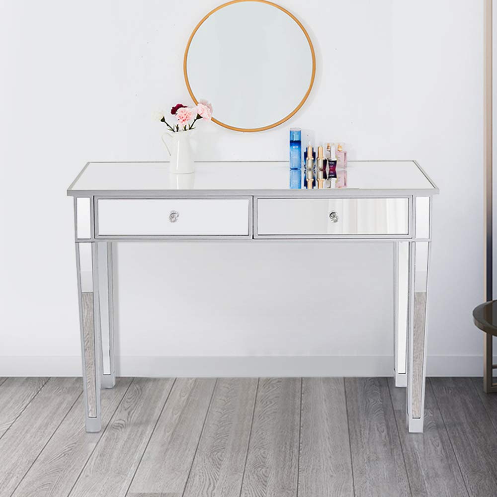 Mirrored Vanity Table with 2 Drawers - Silver Makeup Dressing Desk for Women & Girls | Entryway Console, Home Office & Writing Desk | Perfect for Bedroom, Dressing Room & Entryway Decor