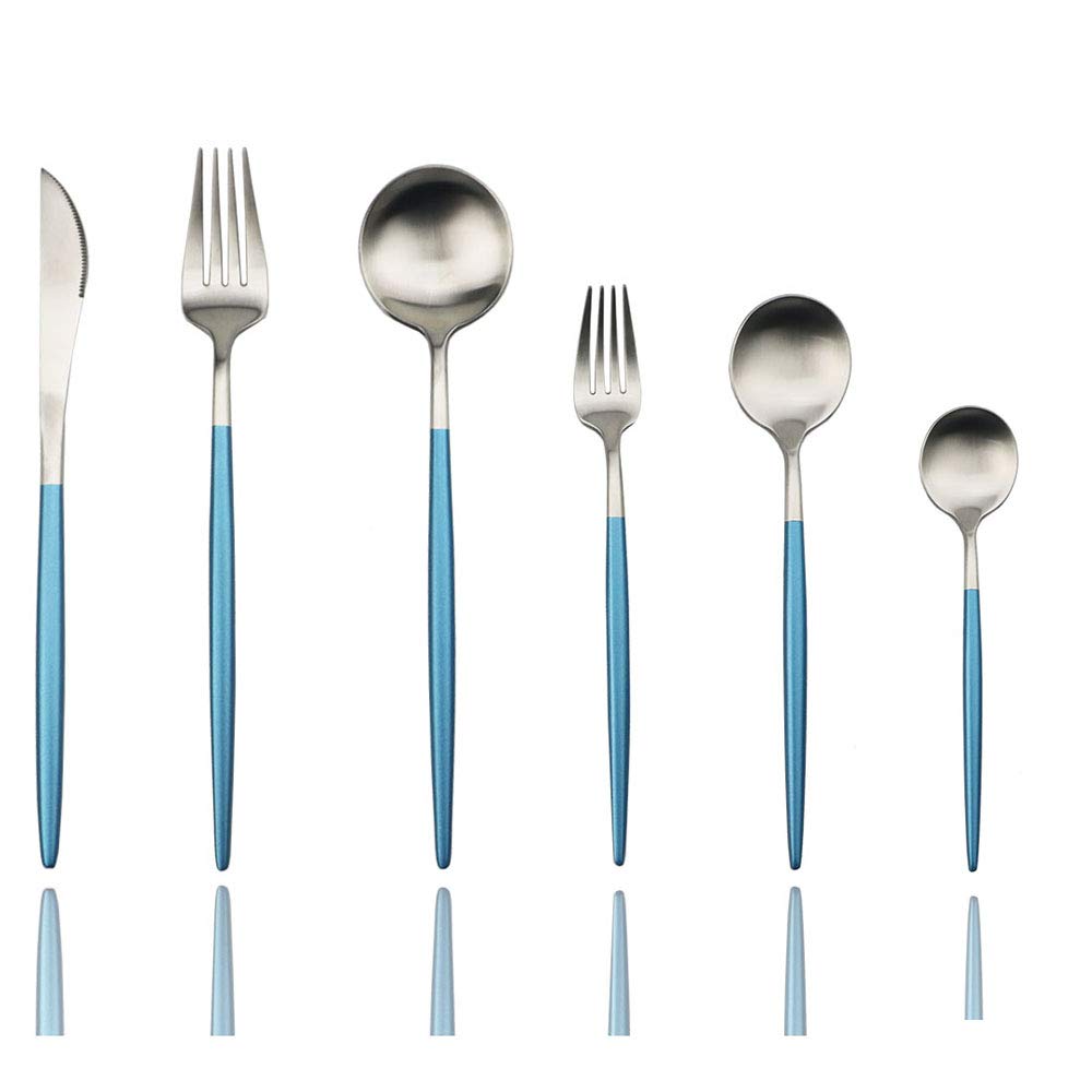 Premium JASHII 24-Piece Stainless Steel Flatware Set - Matte Silverware with Blue Handles for 4 People, Durable Kitchen & Tableware Cutlery for Home, Restaurant & Dinner Parties | Elegant Dining Utensils for Everyday Use & Special Occasions