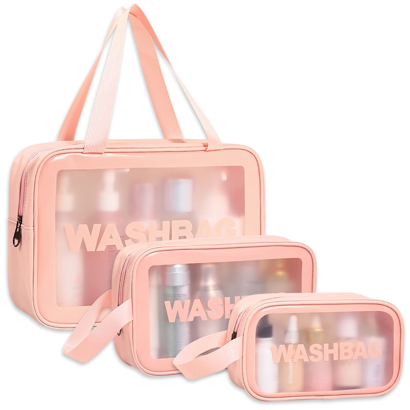 Happy L 3-Piece Clear Waterproof Toiletry Bag Set for Women & Men - Travel Makeup Cosmetic Organizer with Transparent Design for Accessories & Toiletries (Pink) - Perfect for Air Travel, Gym, Camping & Beach Trips