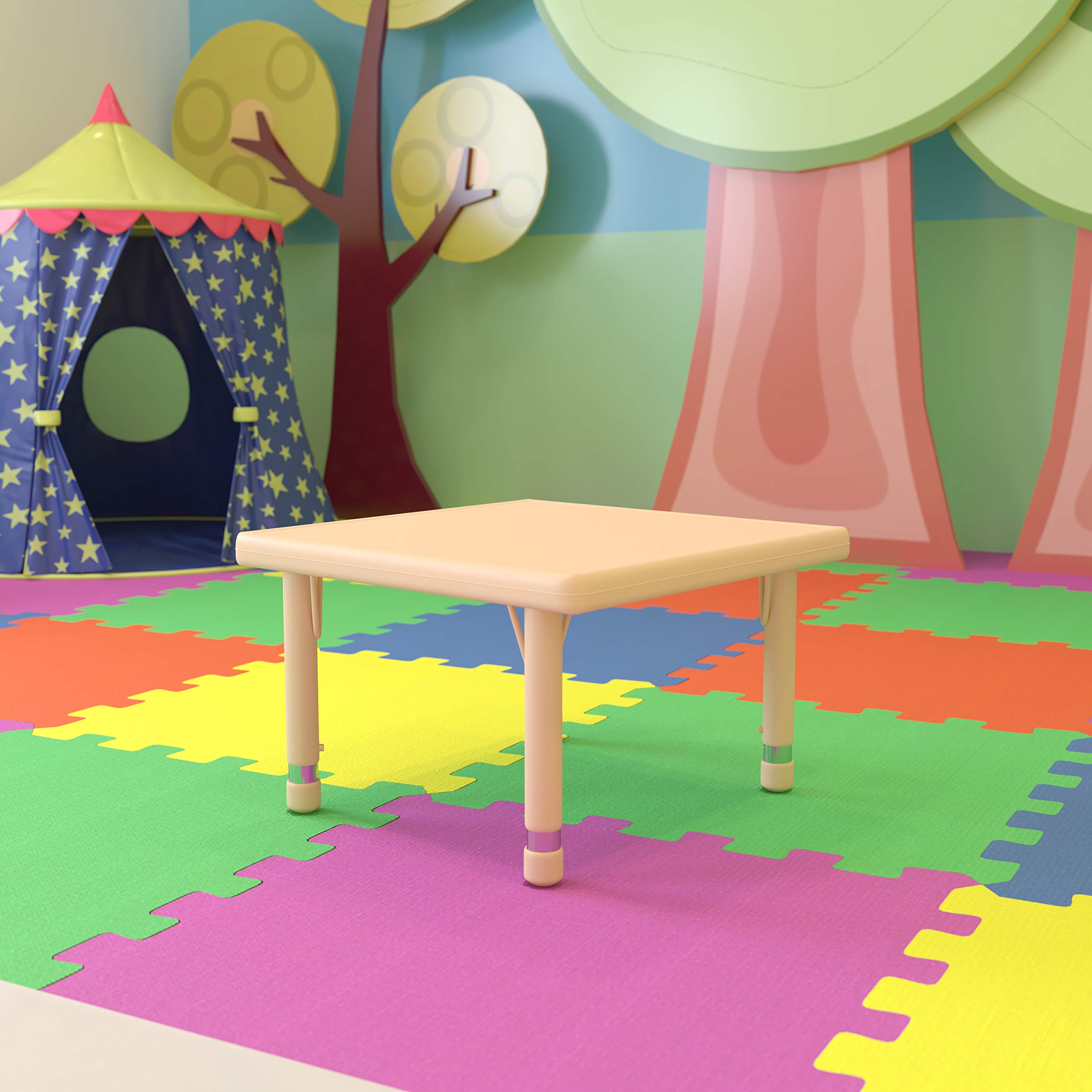 EMMA + OLIVER 24 Inch Square Adjustable Height Kids Activity Table - Natural Plastic Children's School & Learning Table for 4 | Perfect for Classroom, Homeschool, Playroom & Daycare Activities