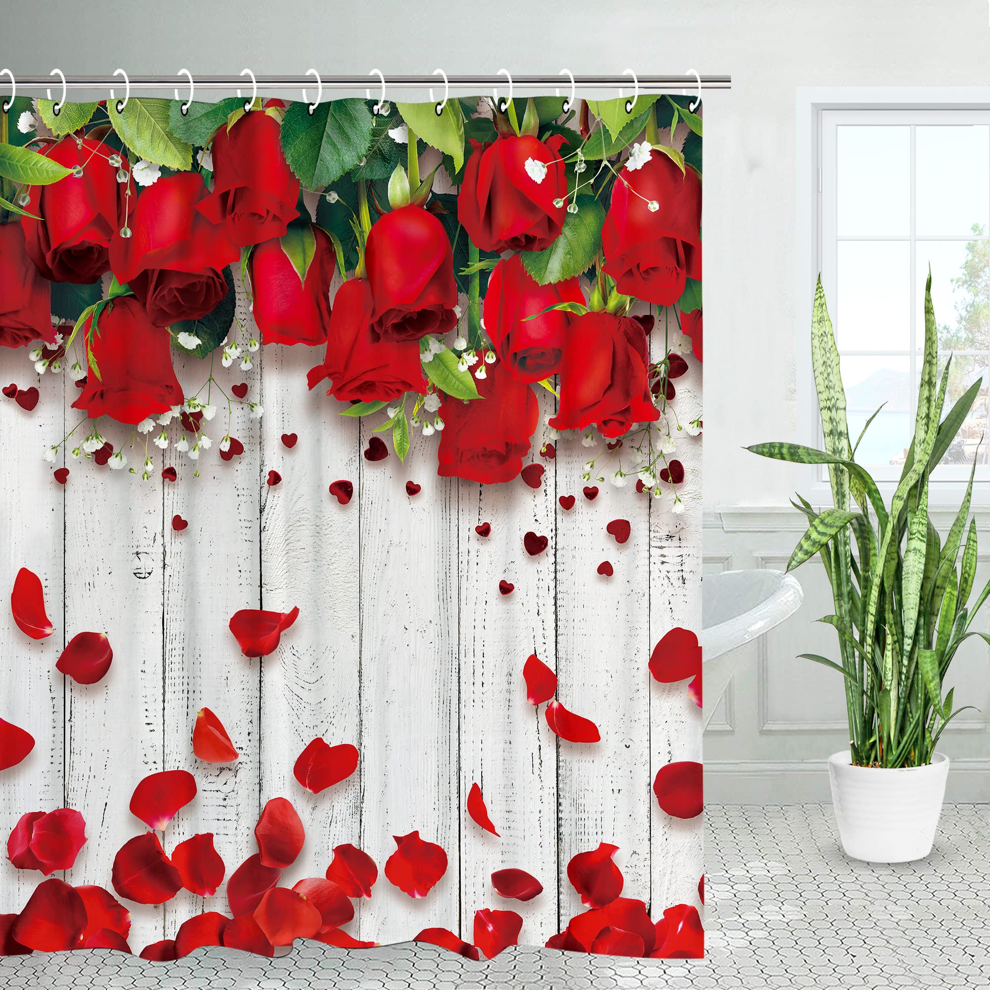 Red Rose Shower Curtain Set with 12 Hooks - Waterproof Floral Bathroom Decor for Valentine's Day - 72x84 Inches - Perfect for Romantic Bathrooms & Gift Ideas