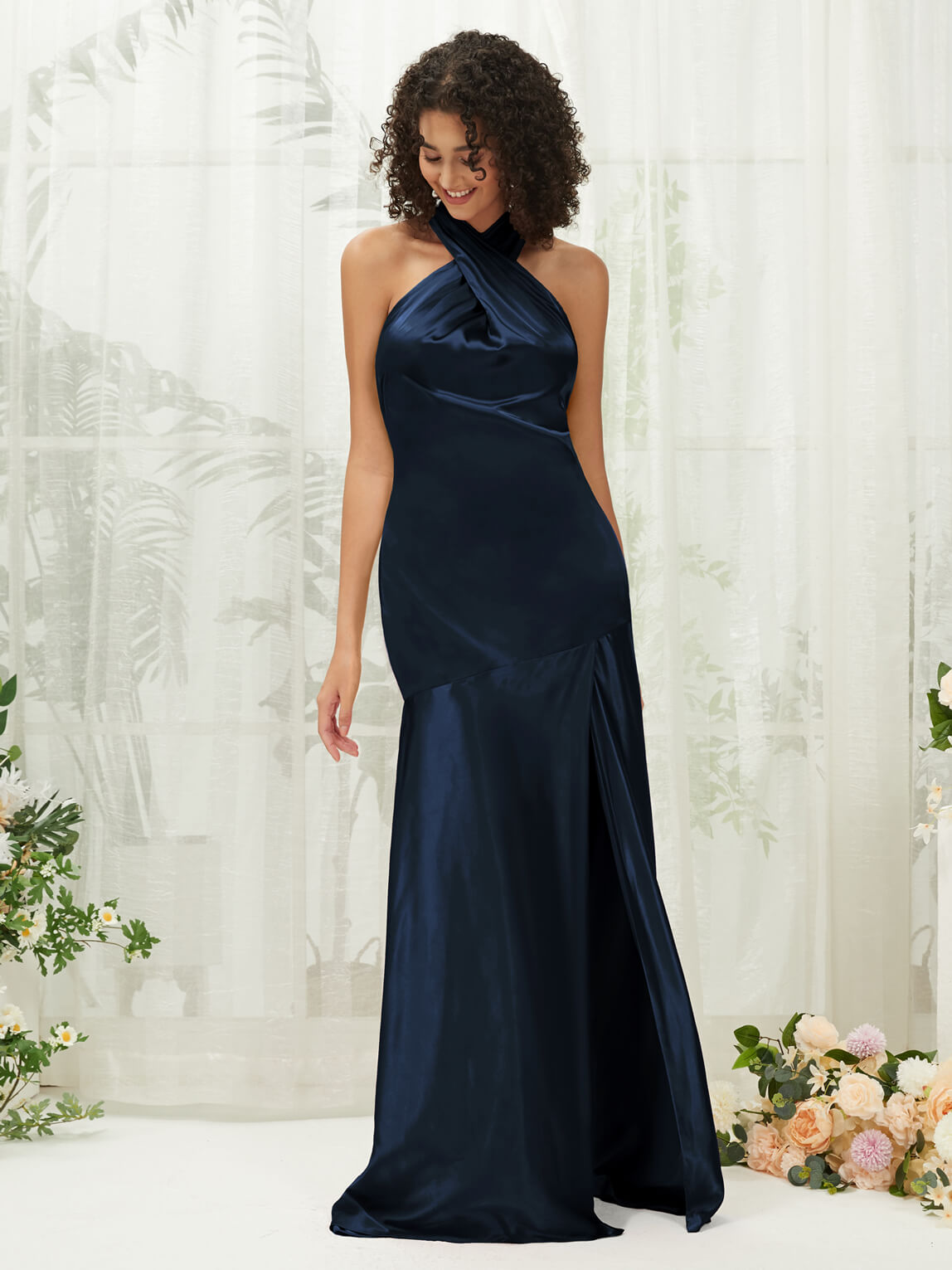 Elegant Dark Navy Satin Halter Neck Sleeveless Maxi Bridesmaid Dress with High Slit - Perfect for Weddings, Formal Events & Evening Parties