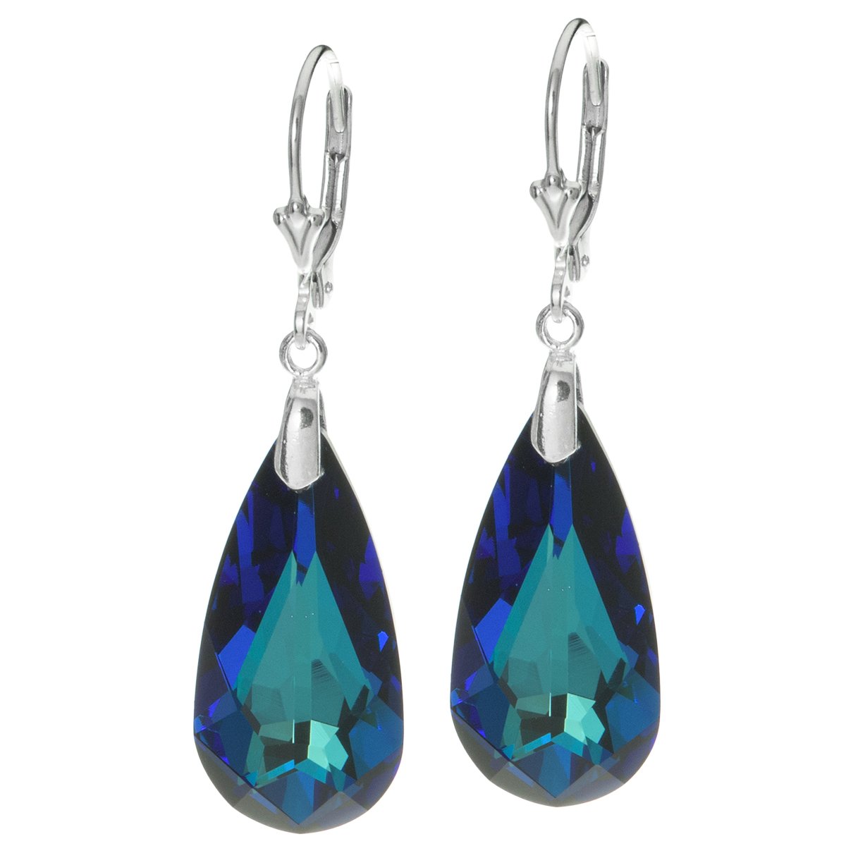 Bermuda Blue Austrian Crystal Sterling Silver Teardrop Leverback Dangle Earrings for Women - Perfect for Weddings, Parties & Evening Events