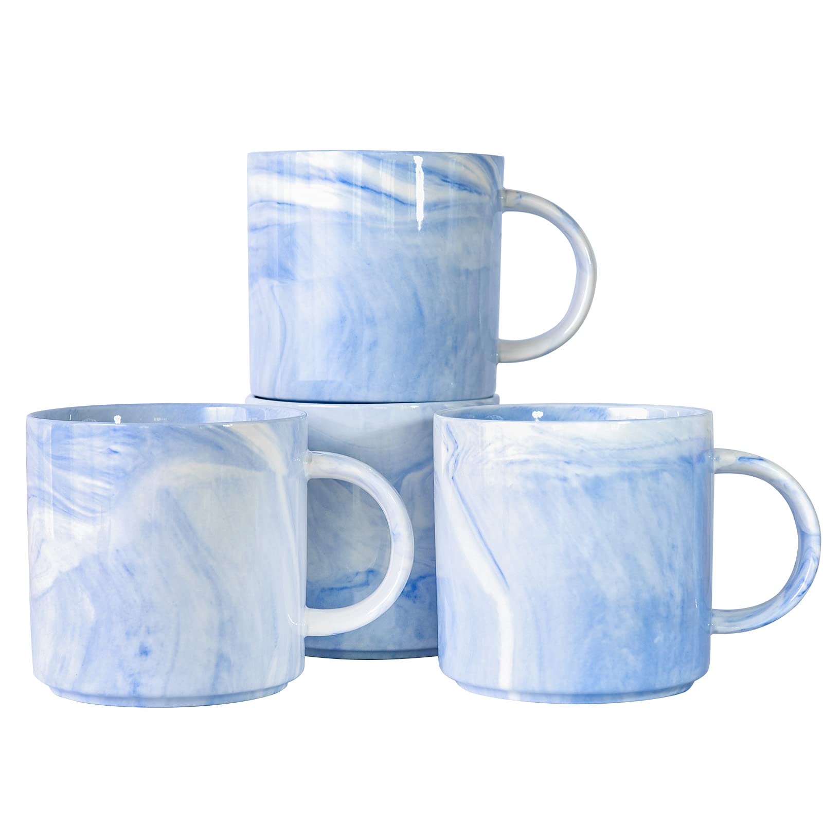Yundu 12oz Blue Marble Ceramic Coffee Mugs Set of 4 - Stackable Latte Cups with Handle, Microwave & Dishwasher Safe - Perfect for Home, Office, and Gift Giving