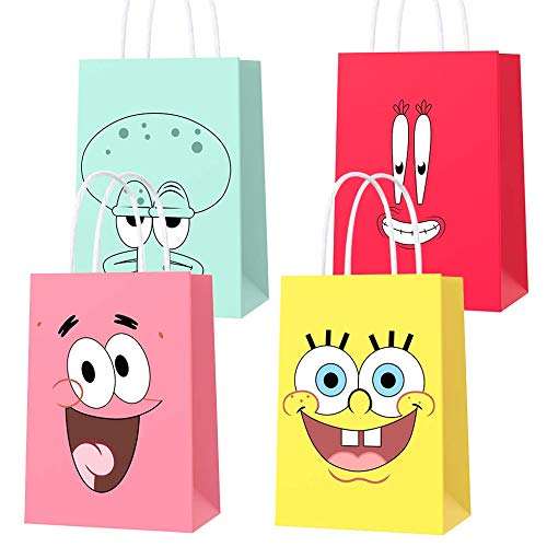 16 PCS Spongebob Birthday Gift Bags - 4 Fun Designs for Kids Party Supplies & Decorations - Perfect for Birthday Celebrations, Themed Parties, and Special Events