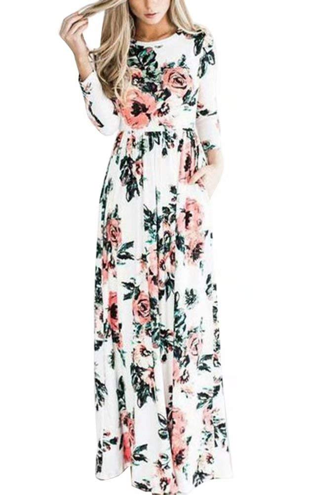 WearFun Women's Floral Print Maxi Dress - Boho 3/4 Sleeve High Waist Summer Dress with Pockets | Perfect for Beach Vacation, Date Night & Casual Outings