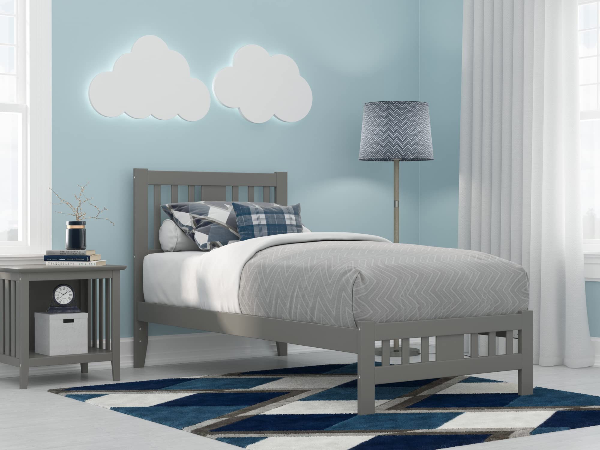 AFI Tahoe Twin Size Platform Bed Frame with Footboard & USB Charging Station - Grey Wooden Bed for Kids, Teens & Guest Rooms - Space-Saving Modern Design with Built-In Storage