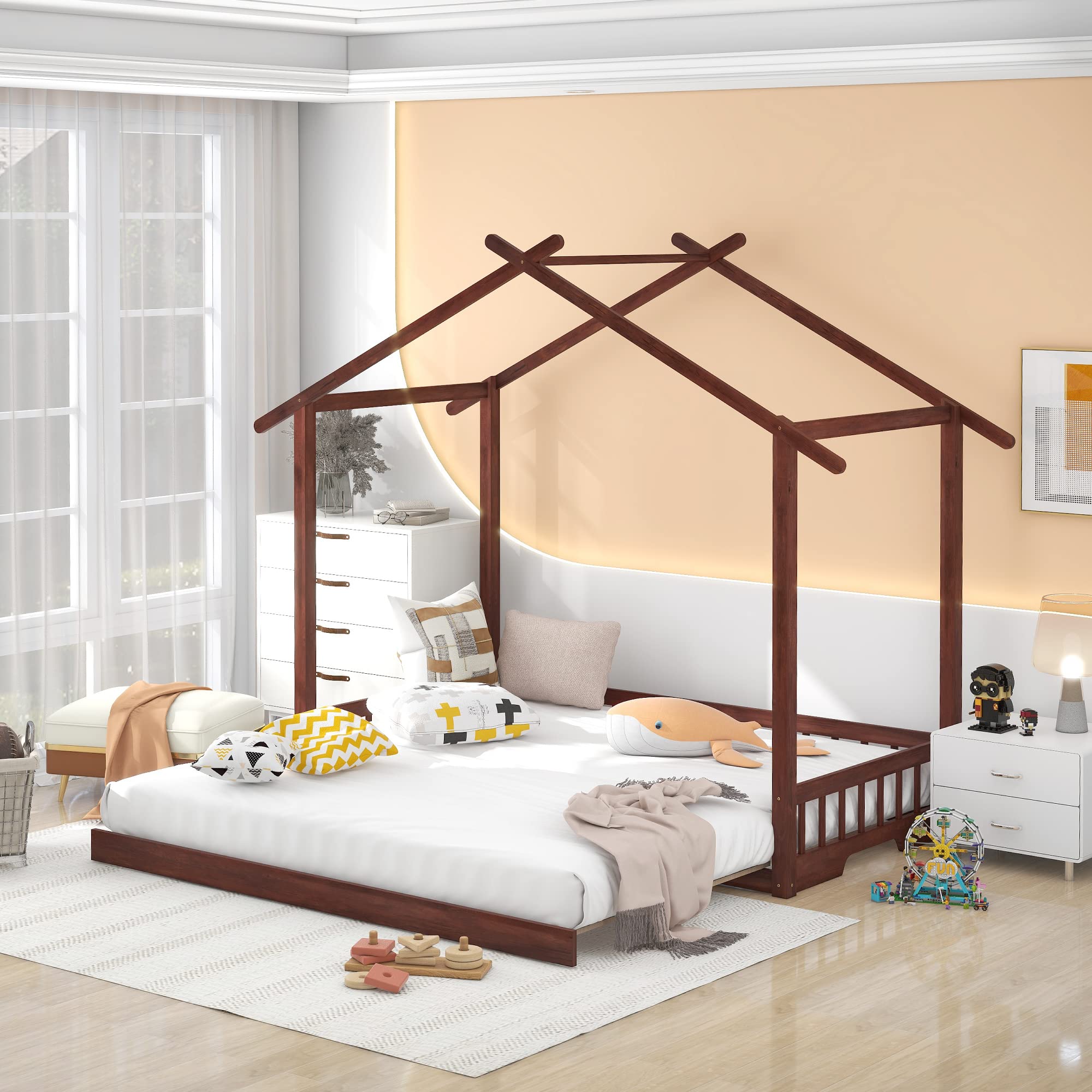 Merax Extendable Wooden House Bed with Roof - Kids Daybed for Boys & Girls, Children's Floor Bed in Walnut Finish - Perfect for Bedrooms, Playrooms & Sleepovers
