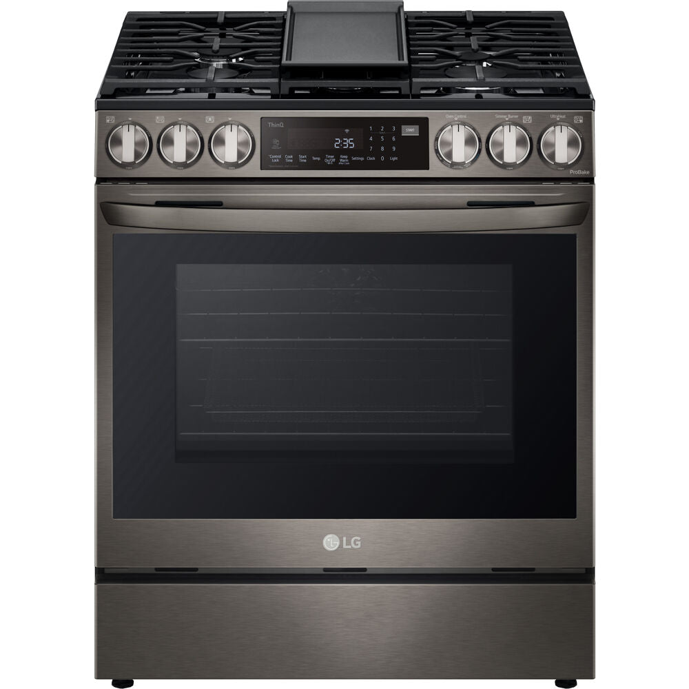 LG 30 Inch 6.3 Cu. Ft. Smart Wi-Fi Enabled ProBake Convection InstaView Gas Slide-In Range with Air Fryer - Black Stainless Steel (LSGL6335D) - Perfect for Modern Kitchens, Baking, Roasting & Air Frying