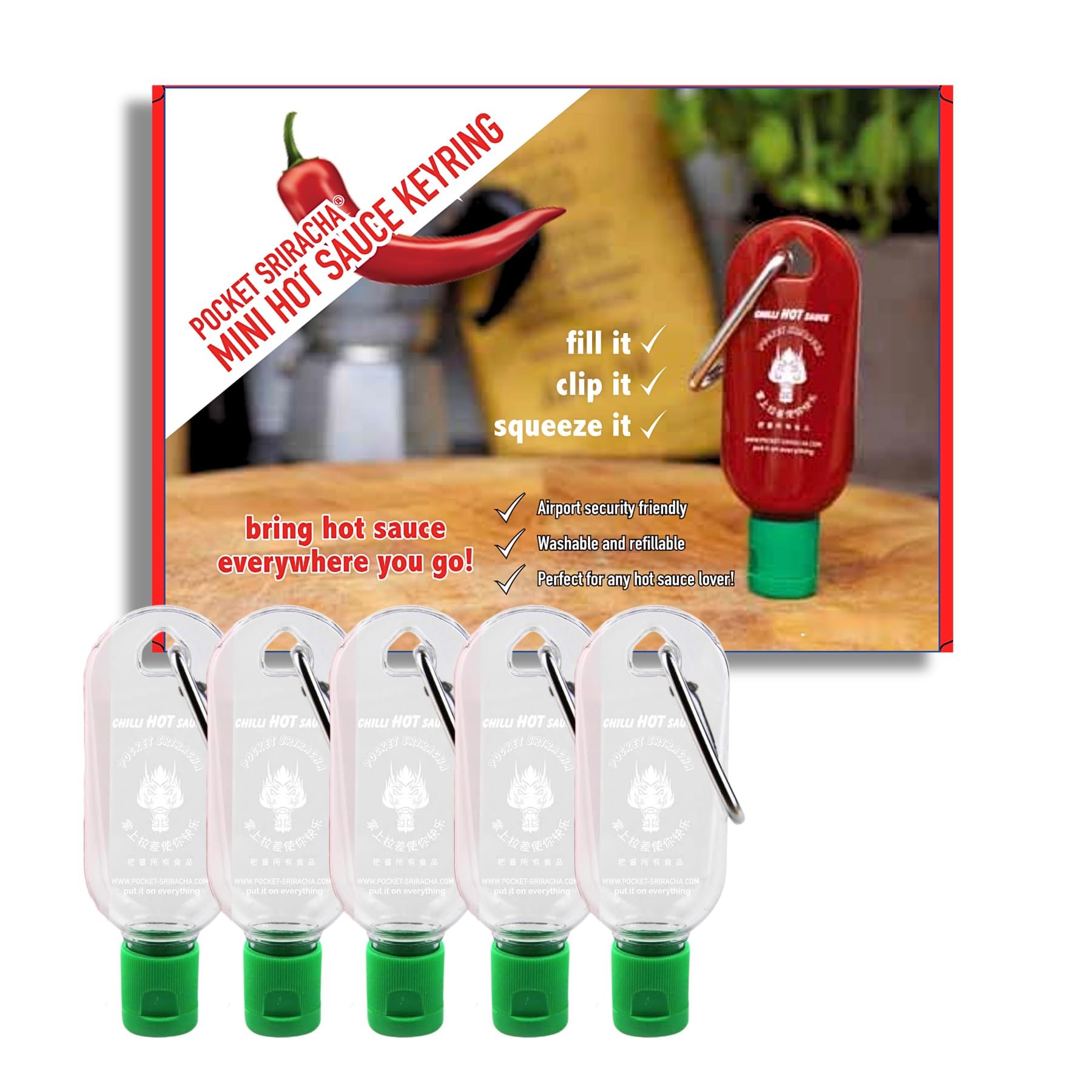 Portable Sriracha Hot Sauce Keychain Bottles - 5 Pack (30ml/1oz Each) - Refillable Mini Travel Hot Sauce Containers - Perfect for Camping, Picnics & On-The-Go Meals - Ships Empty - Great Gift for Spicy Food Lovers