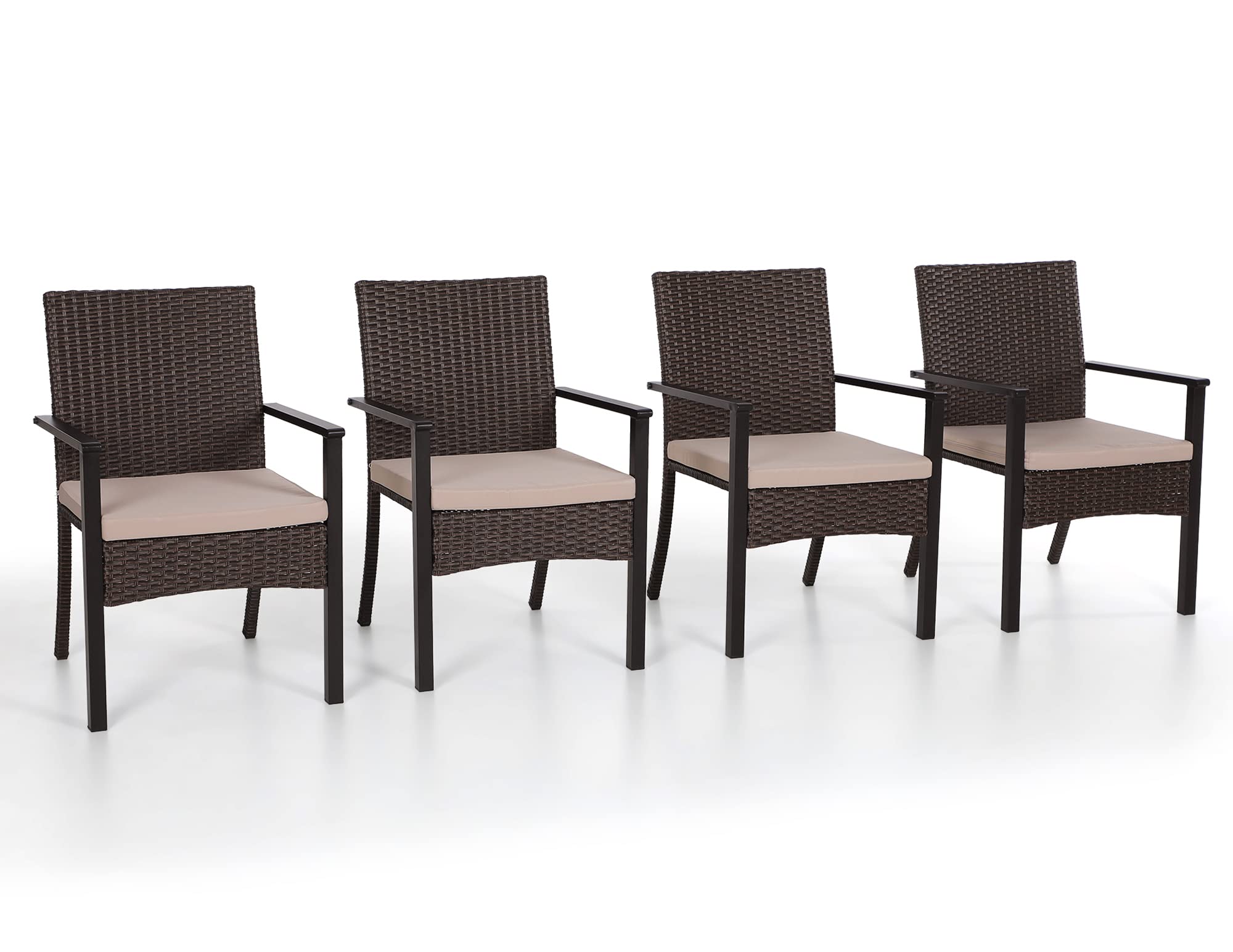 PHI VILLA 4-Piece Outdoor Wicker Chair Set - Weather-Resistant Rattan Covered Metal Armchairs with Removable Cushions - Heavy Duty Patio Furniture for Deck, Porch, Garden & Backyard - Perfect for Outdoor Dining, Lounging and Entertaining