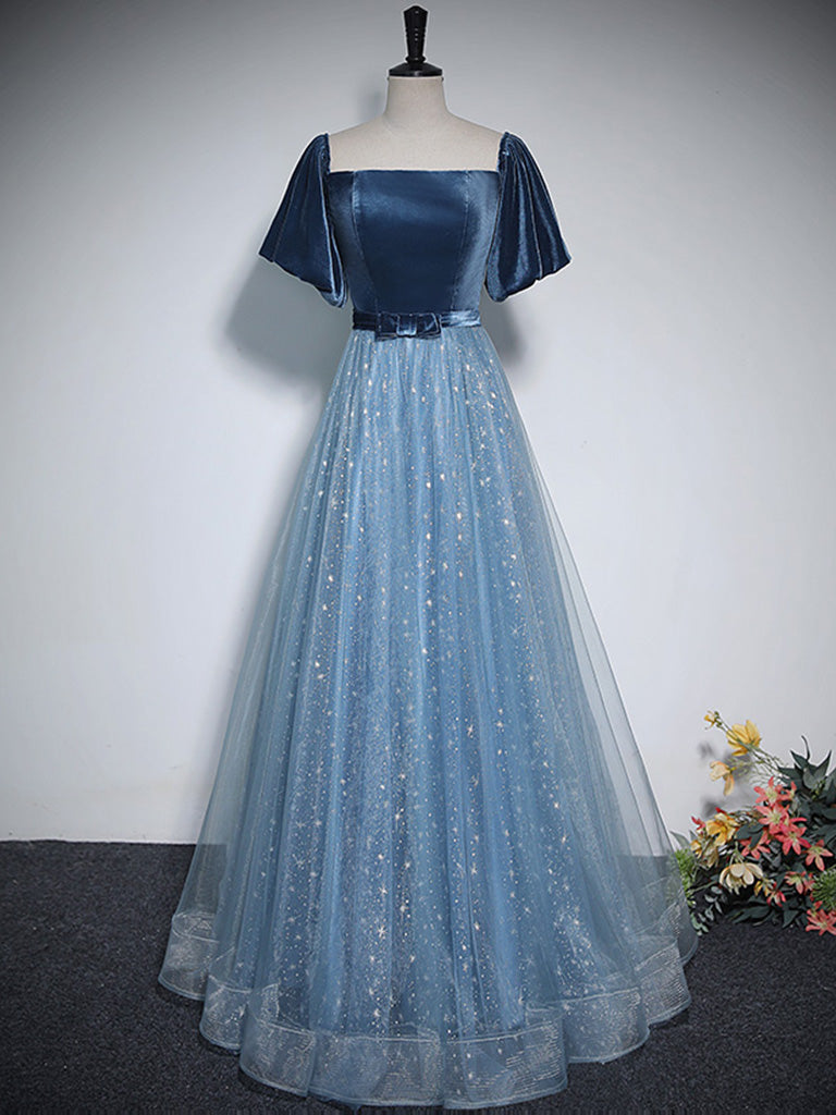 Elegant A-Line Tulle Velvet Blue Long Prom Dress for Women | Formal Evening Gown for Homecoming, Ball & Special Occasions