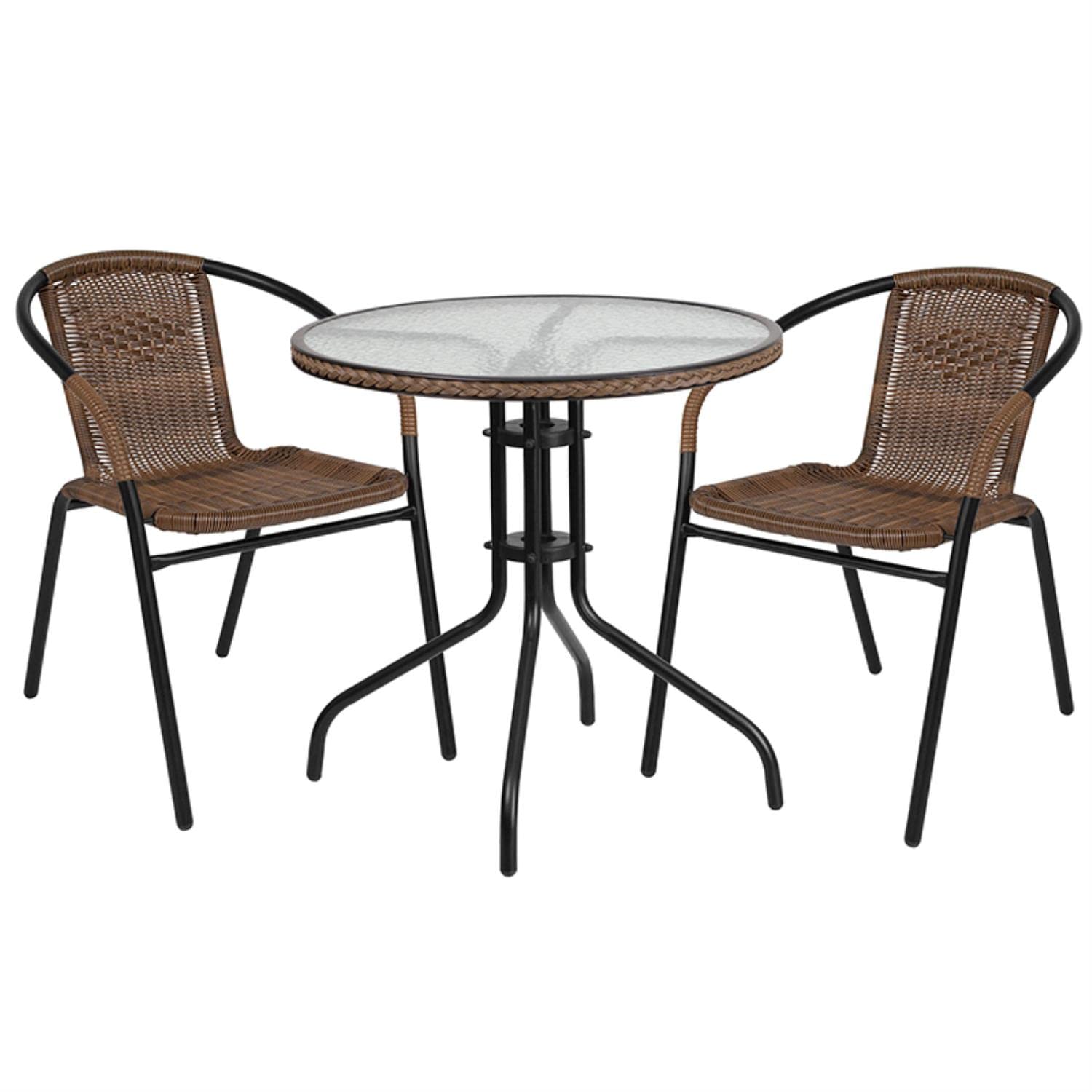 Flash Furniture Lila 28'' Round Glass Top Dining Table with Dark Brown Rattan Edge & 2 Matching Stackable Chairs - Perfect for Patio, Balcony or Small Space Outdoor Dining