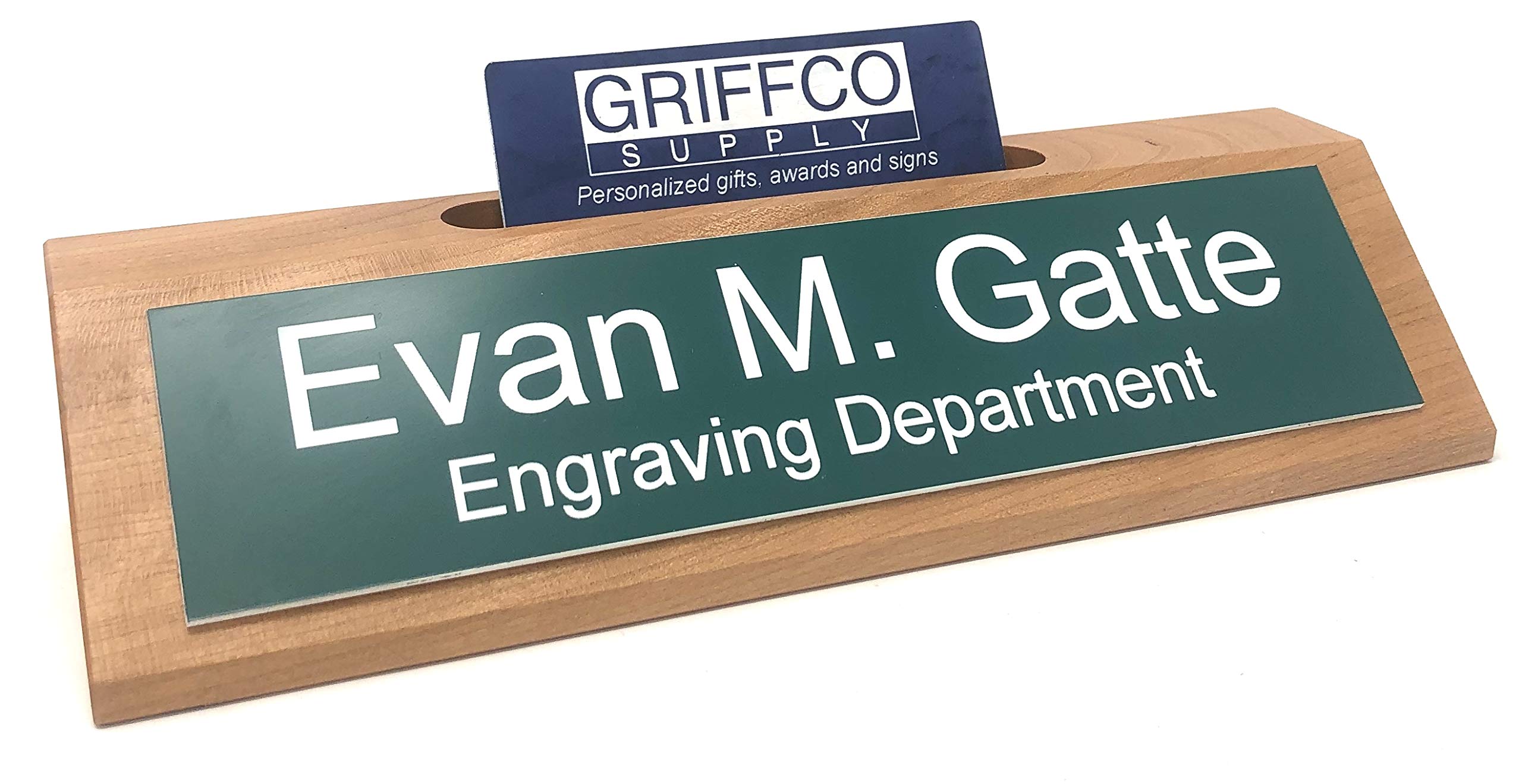 Custom Engraved Business Desk Name Plate with Card Holder - Handcrafted in USA - Premium Cherry Wood with Green Accent - Perfect for Office Decor & Executive Gifts