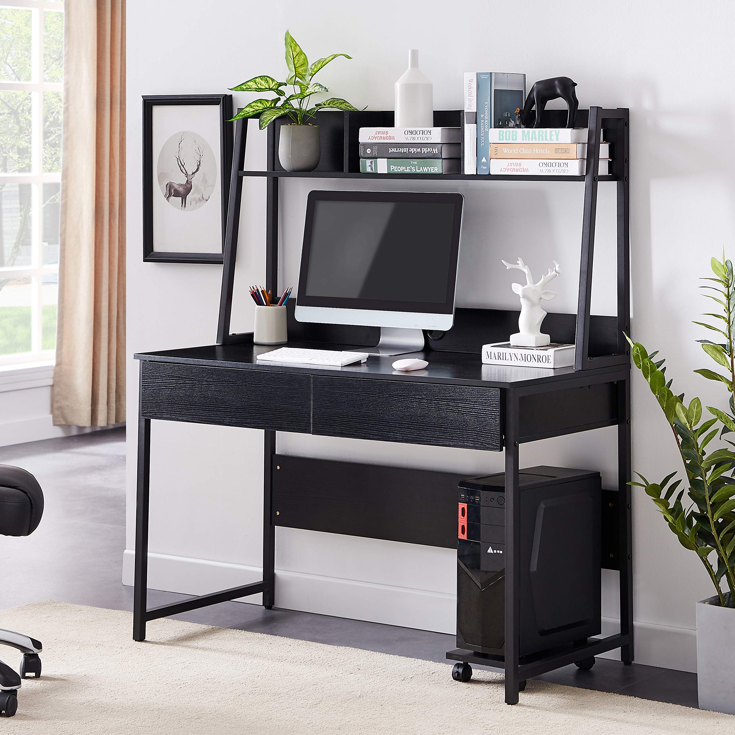 Black Home Office Computer Desk with Hutch & Bookshelf - 47.24