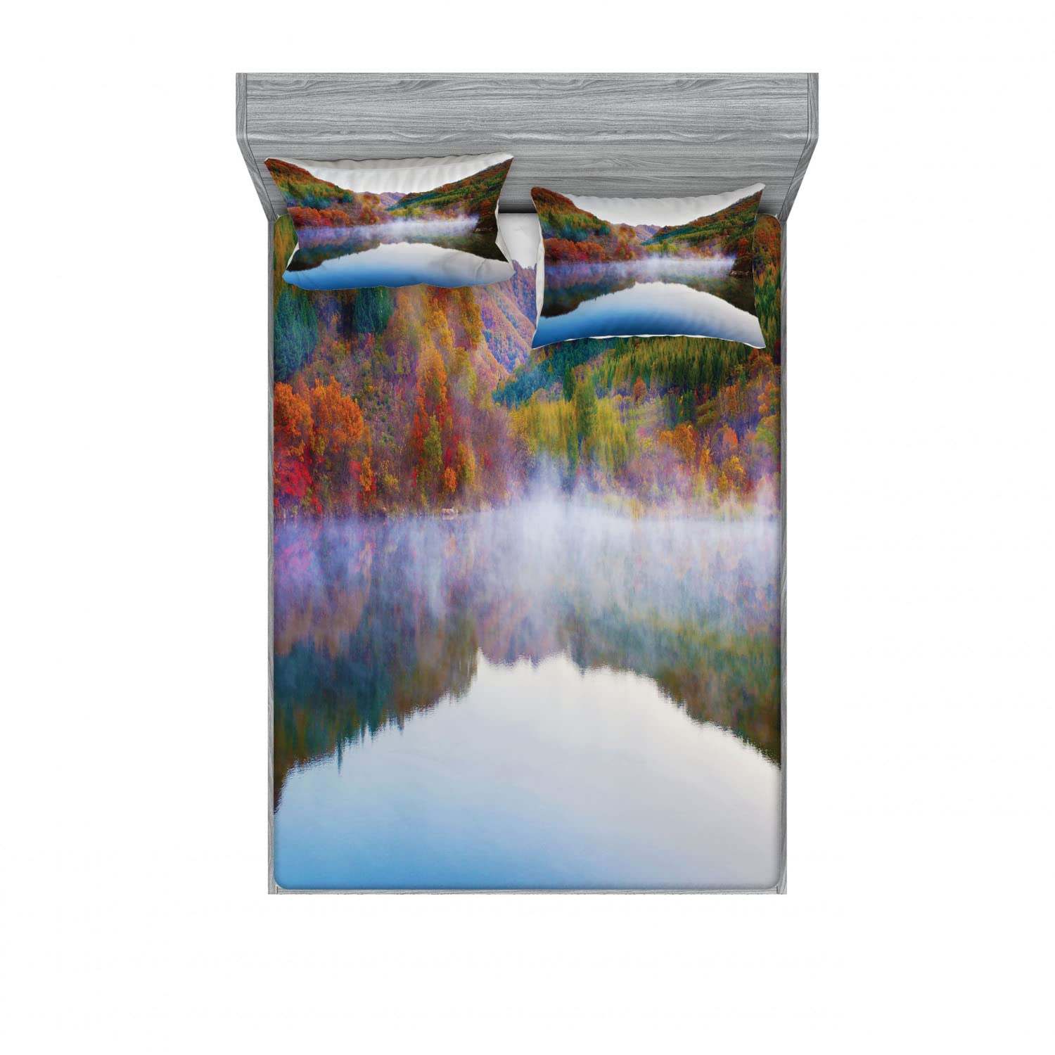 Ambesonne 2-Pack Queen Size Fitted Sheet Set with 4 Pillow Shams - Vibrant Lake Mountain Scenery Bedding Collection, Soft Wrinkle-Resistant Fabric for Cozy Bedroom Decor | Perfect for Guest Rooms, Vacation Homes & Dorm Essentials