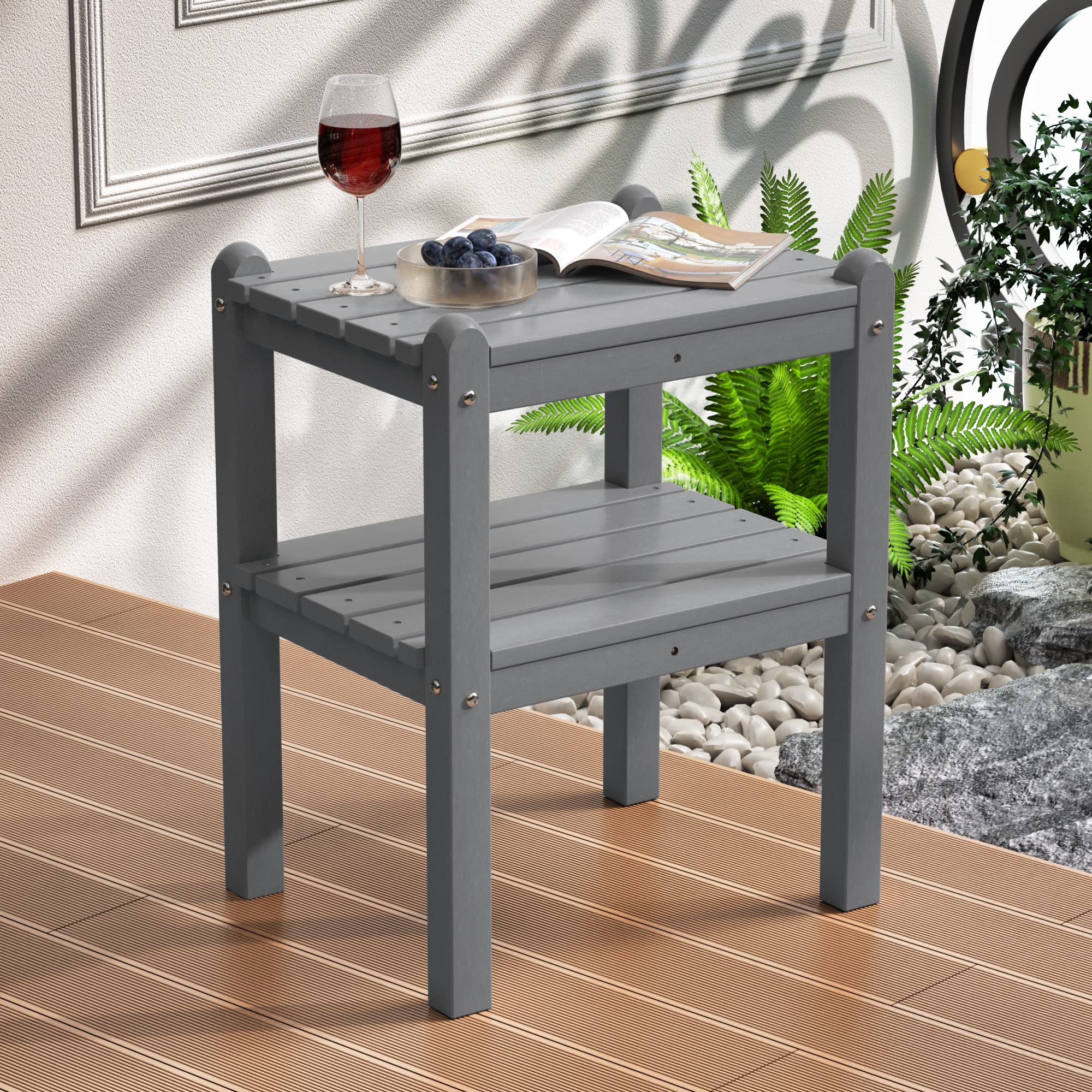 TORVA 2-Tier Outdoor Side Table - Weather-Resistant Adirondack End Table for Patio, Deck, Pool & Garden - Easy Maintenance Rectangular Side Table for Indoor/Outdoor Use - Perfect for Backyard, Porch & Outdoor Living Spaces (Grey)