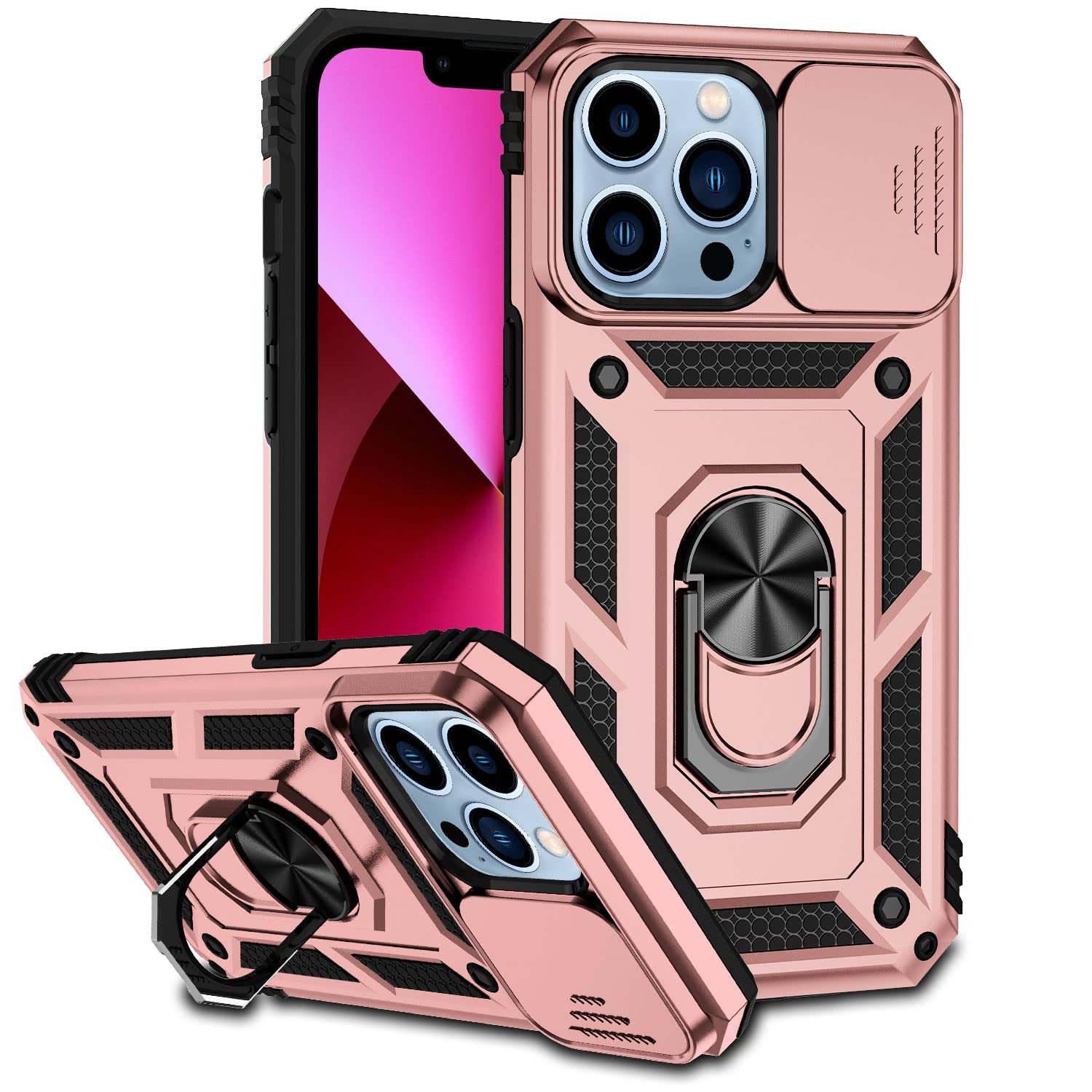 iPhone 13 Pro Max Case with Camera Cover & Kickstand - Military Grade Shockproof Heavy Duty Protective Cover with Magnetic Car Mount Holder - 6.7 Inch Rose Gold Phone Case for iPhone 13 Pro Max - Perfect for Outdoor Activities, Travel & Daily Protection