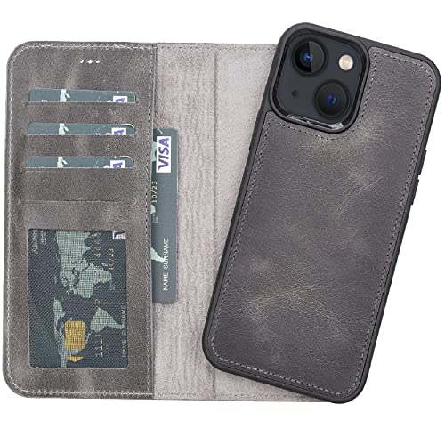 VENOULT Sandy Gray iPhone 14 Pro MAX Wallet Case - Magsafe Wireless Charging Compatible, Genuine Leather Detachable Flip Cover for iPhone 13/12 Series - Handmade Card Holder for Everyday Use & Travel