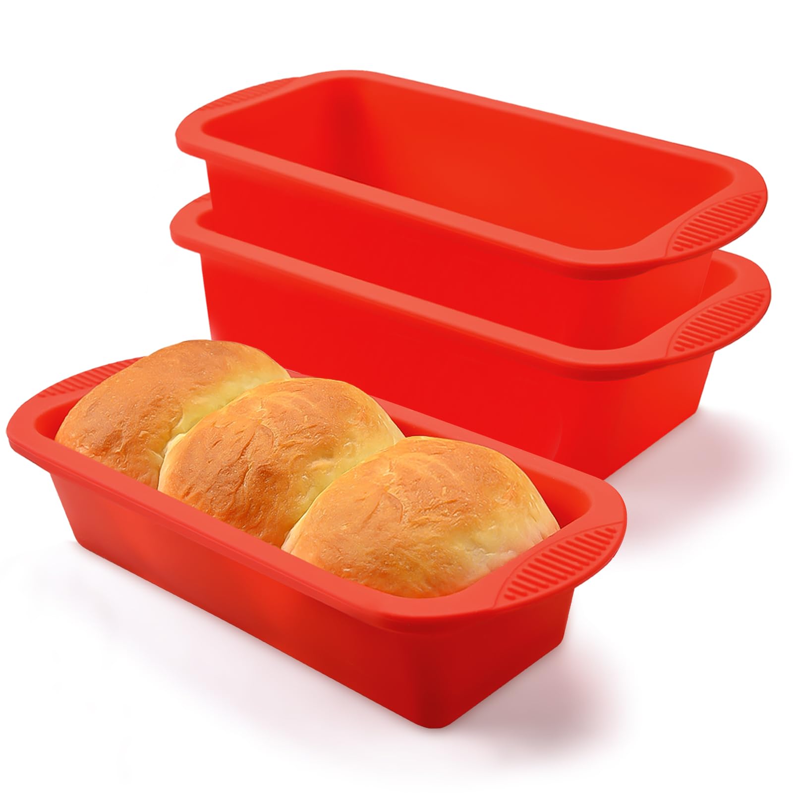 CAKETIME 3-Piece Nonstick Silicone Bread Loaf Pan Set - 9 x 3.9 x 2.3 Inch Baking Molds for Homemade Bread, Cake, Meatloaf & Sandwiches - Perfect for Baking, Meal Prep & Party Food Presentation