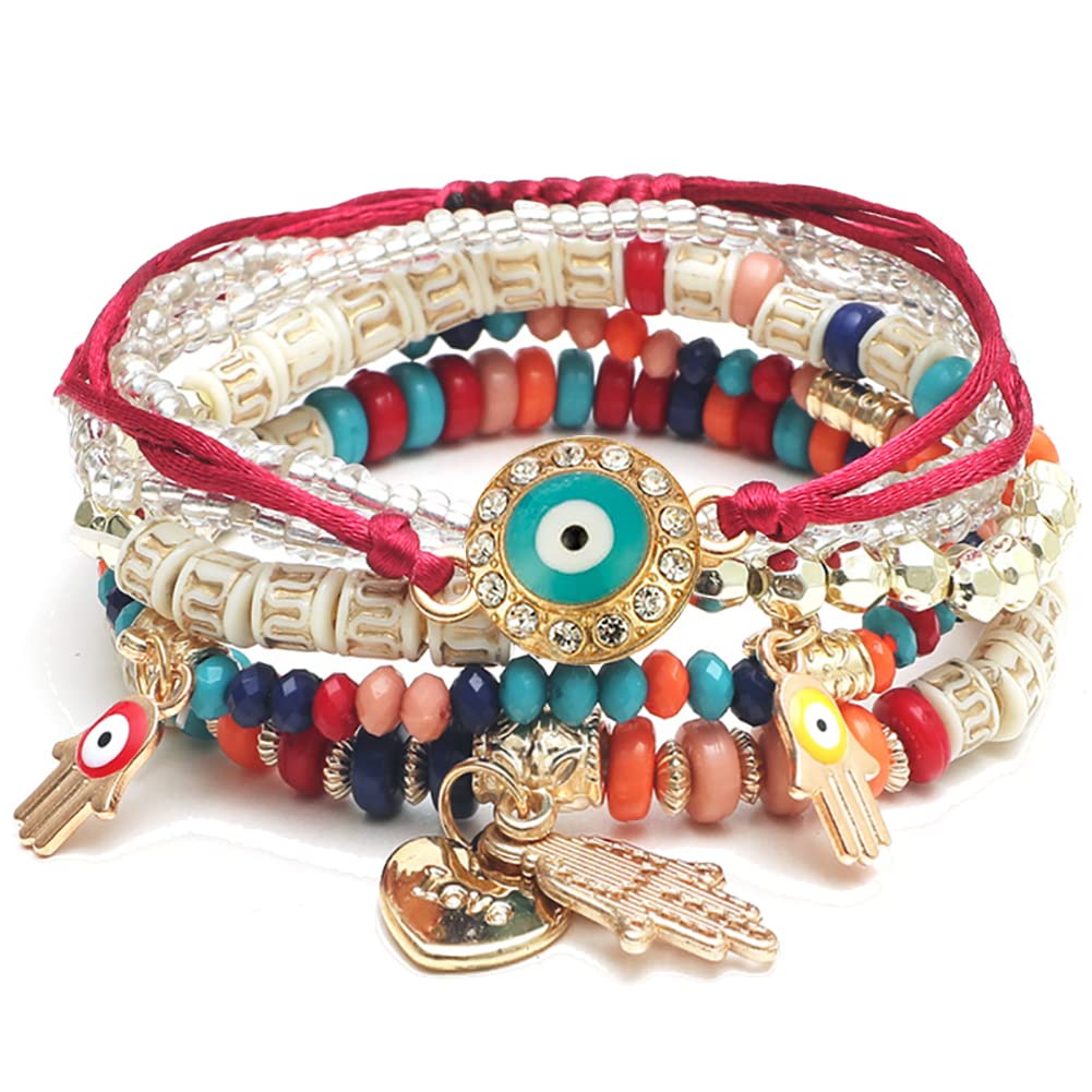 Boho Stretch Beaded Bracelets for Women - Stackable Evil Eye Bracelet Set, Lucky Protection Blue Beaded Jewelry, Multipack Colorful Beaded Bracelets for Everyday Wear & Gift Giving