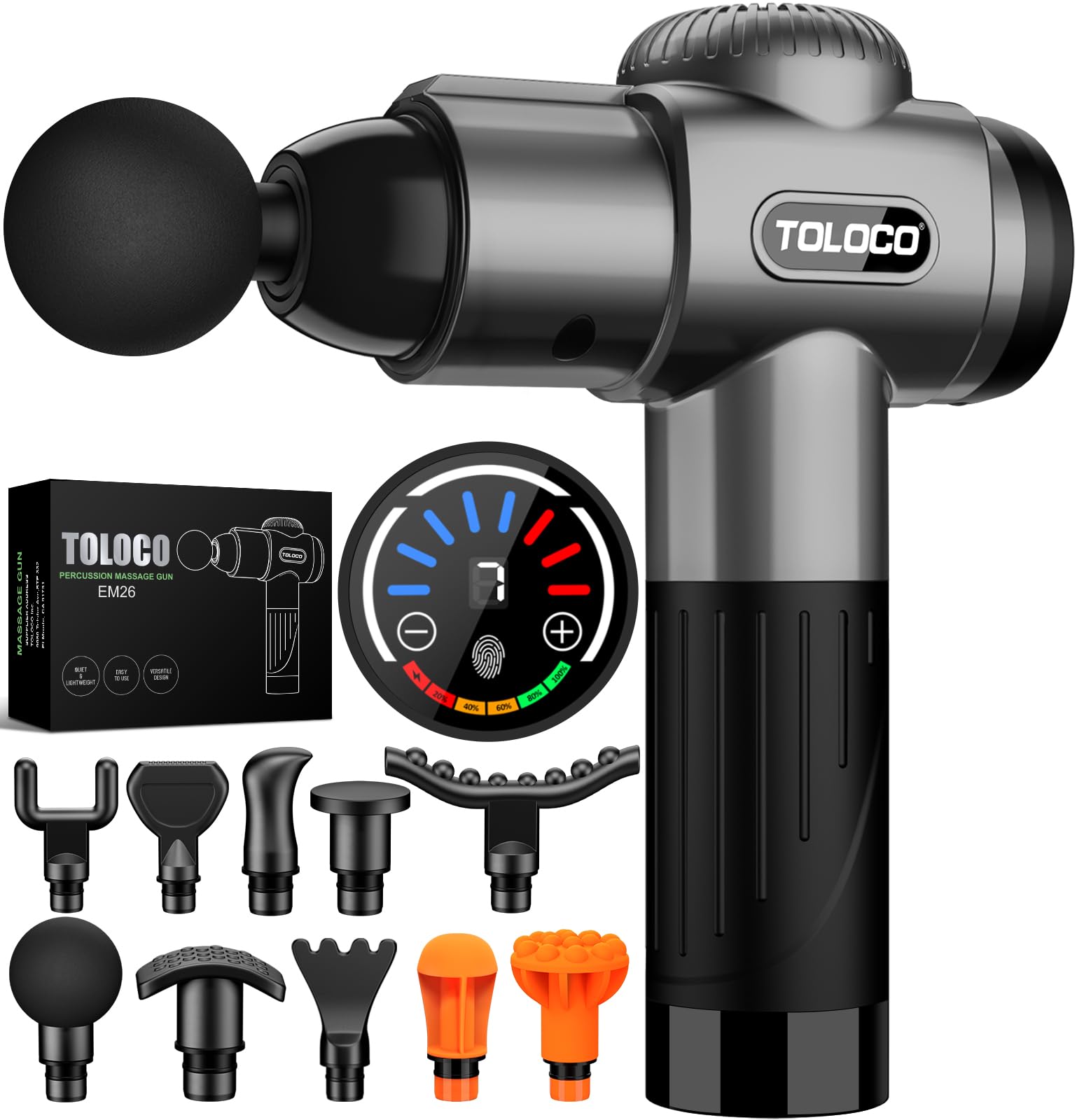 TOLOCO Deep Tissue Massage Gun for Athletes - Percussion Muscle Massager with 10 Attachments for Back, Neck & Shoulder Pain Relief - FSA/HSA Eligible Grey - Perfect for Post-Workout Recovery & Muscle Relaxation