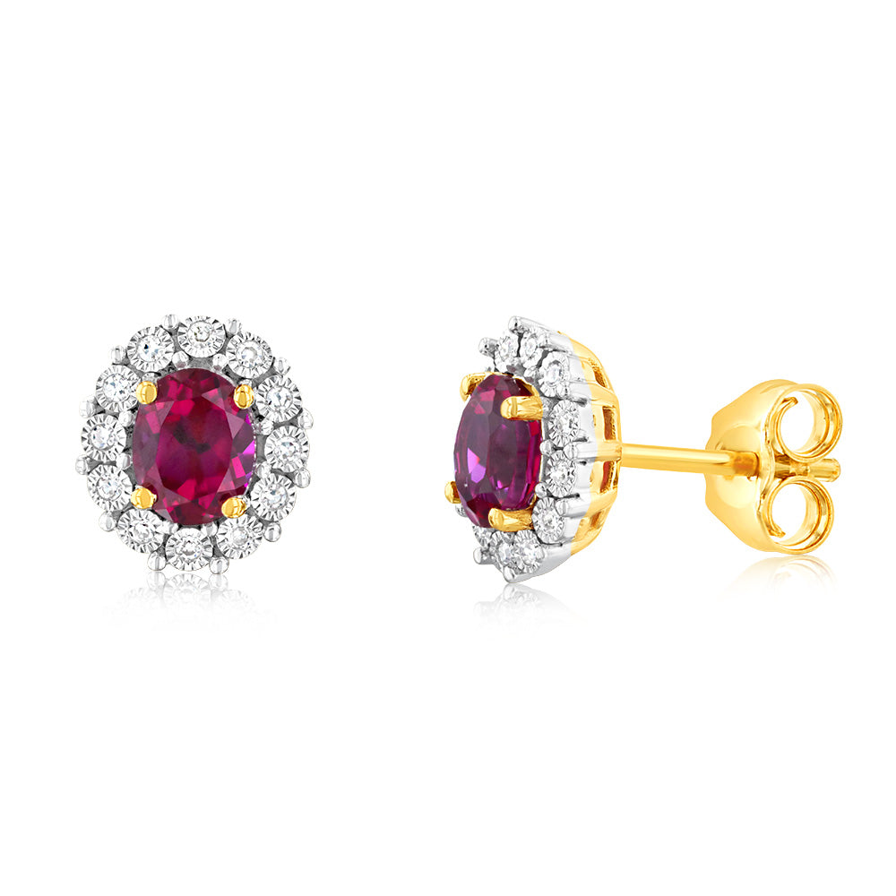 0.77 Carat Lab-Created Ruby & Diamond Stud Earrings in 9K Yellow Gold | Oval Cut Gemstone Jewelry for Women | Perfect for Weddings, Anniversaries & Special Occasions
