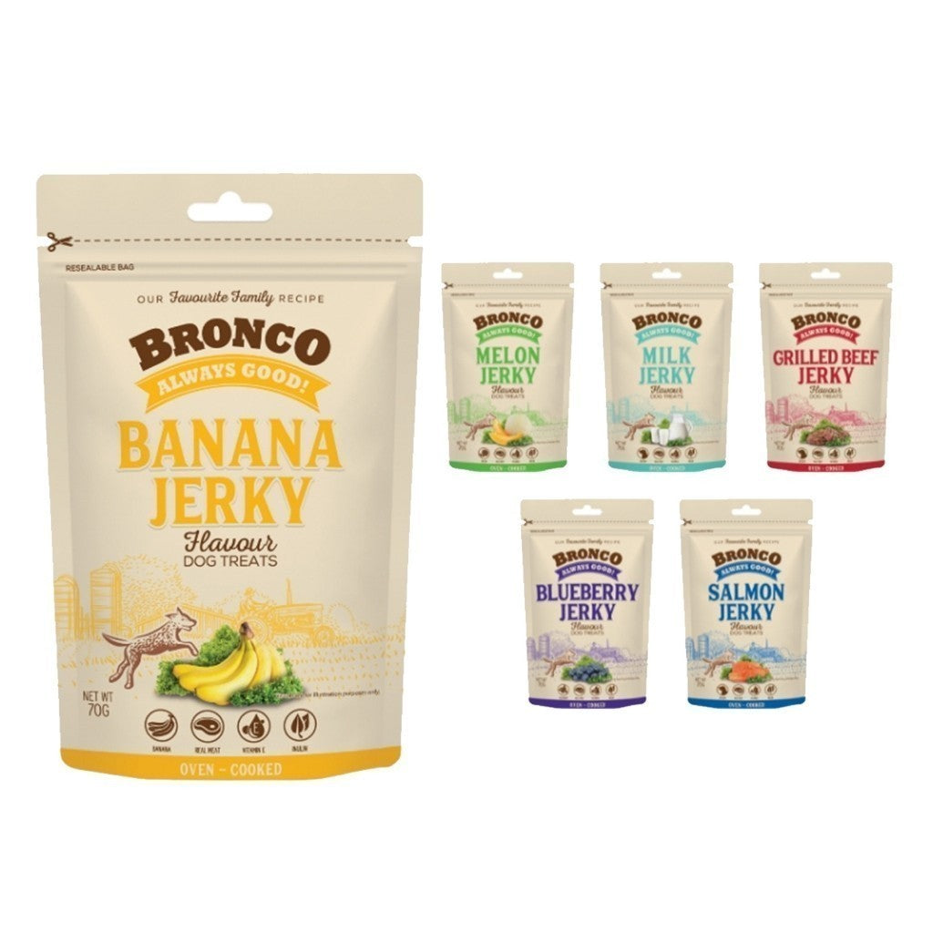 Bronco Jerky Dog Treats - 70g Healthy Snacks for Dogs in 6 Delicious Flavors: Banana, Blueberry, Grilled Beef, Melon, Milk | Perfect for Training Rewards & Daily Treats